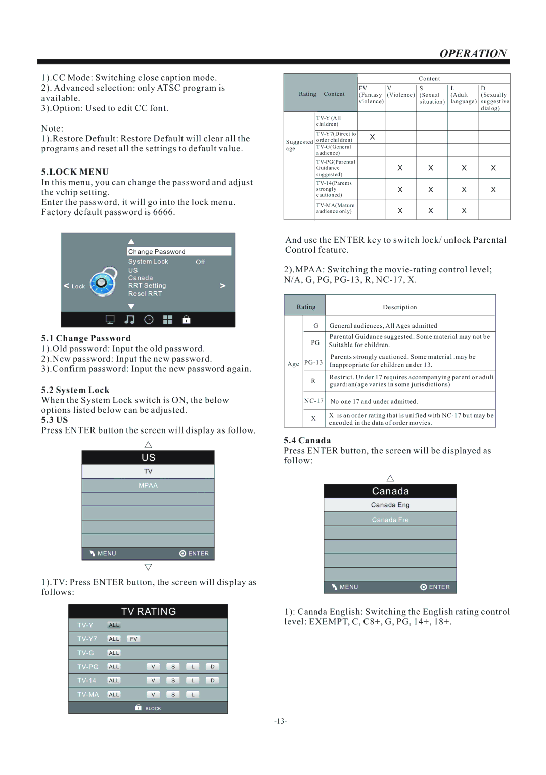 Curtis PLDED5066A manual Change Password, System Lock, Canada 