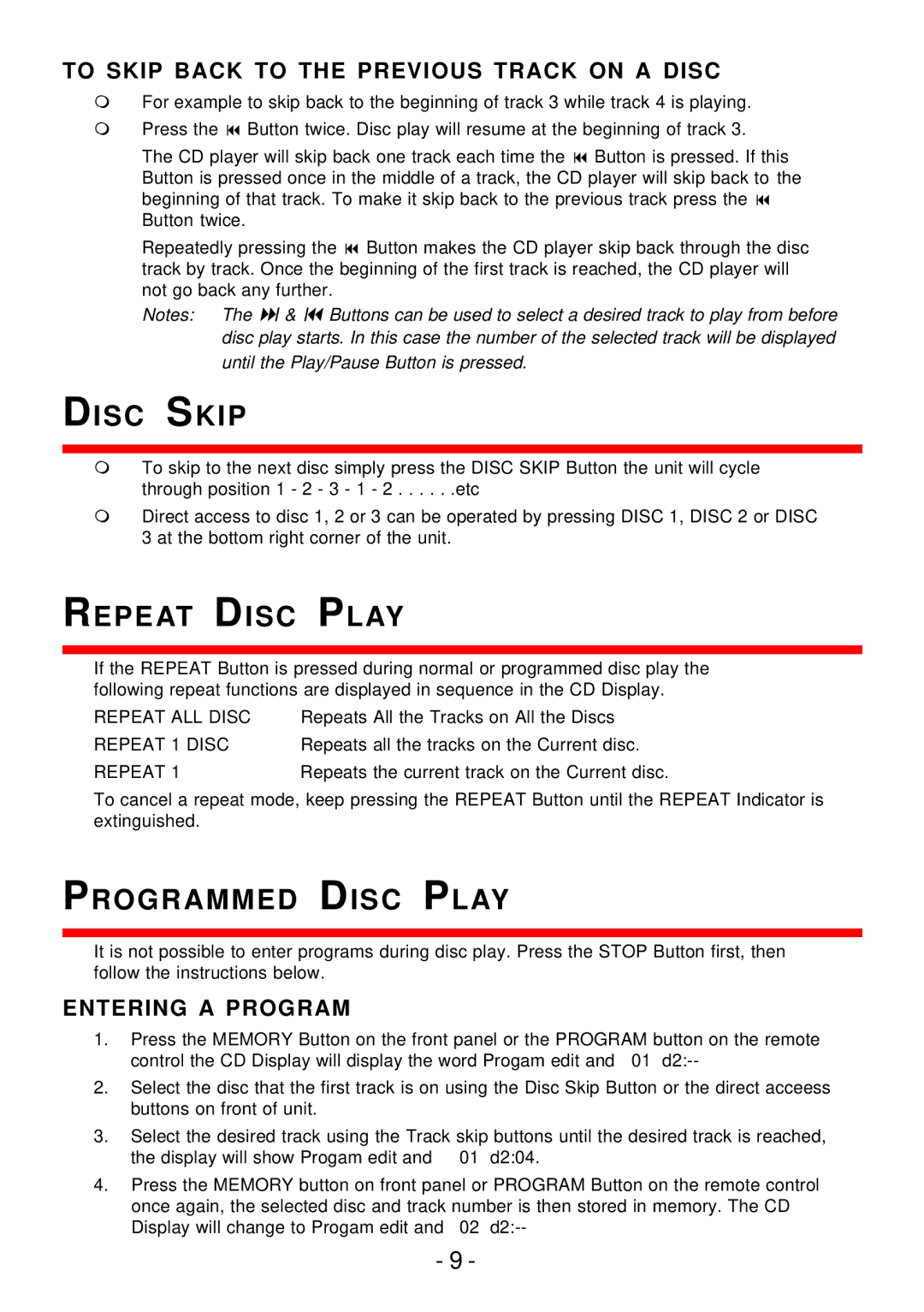 Curtis pmn Disc Skip, Repeat Disc Play, Programmed Disc Play, To Skip Back to the Previous Track on a Disc 