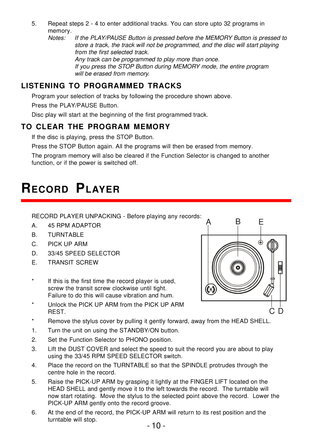 Curtis pmn instruction manual Record Player, Listening to Programmed Tracks, To Clear the Program Memory 