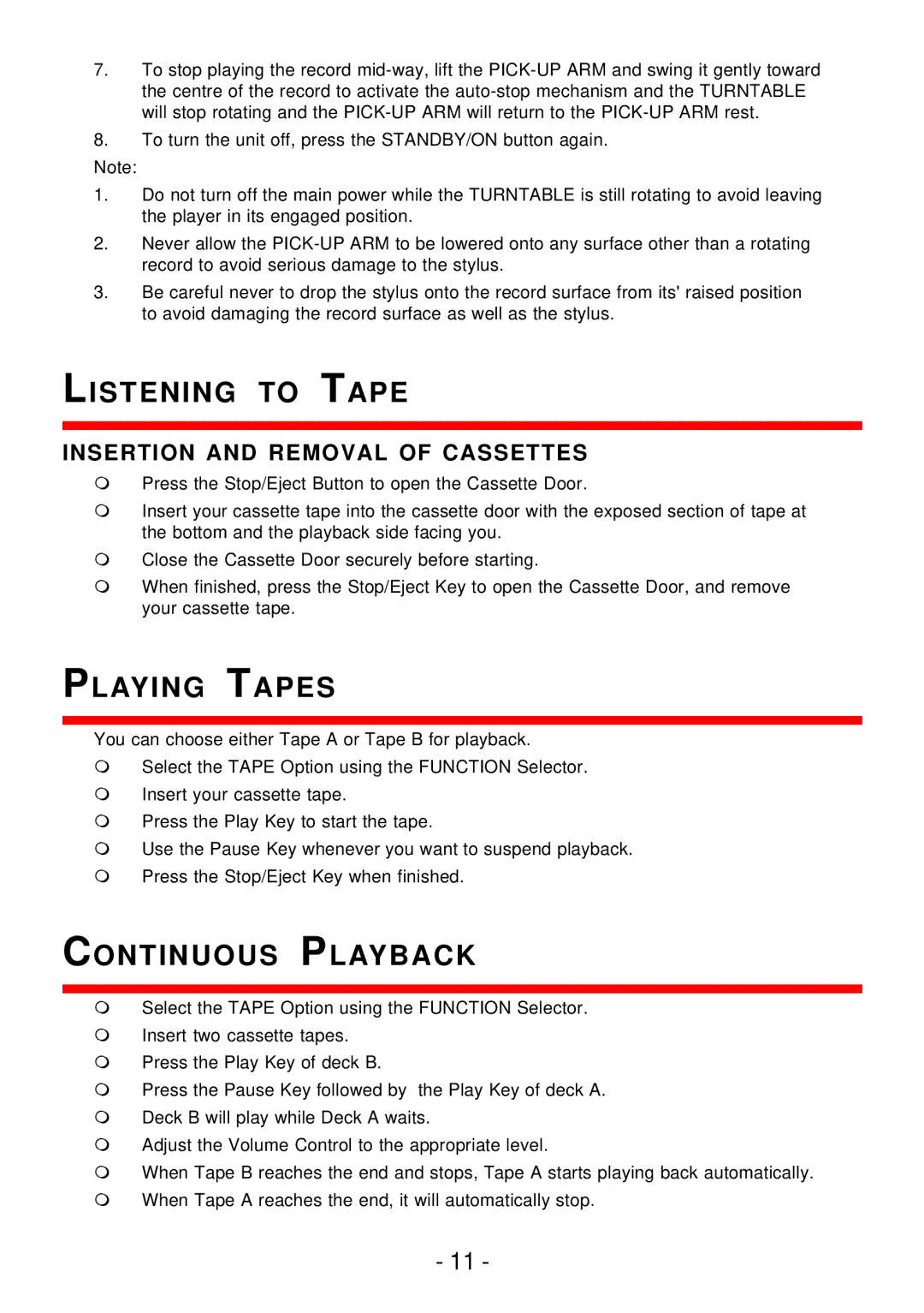 Curtis pmn instruction manual Listening to Tape, Playing Tapes, Continuous Playback, Insertion and Removal of Cassettes 