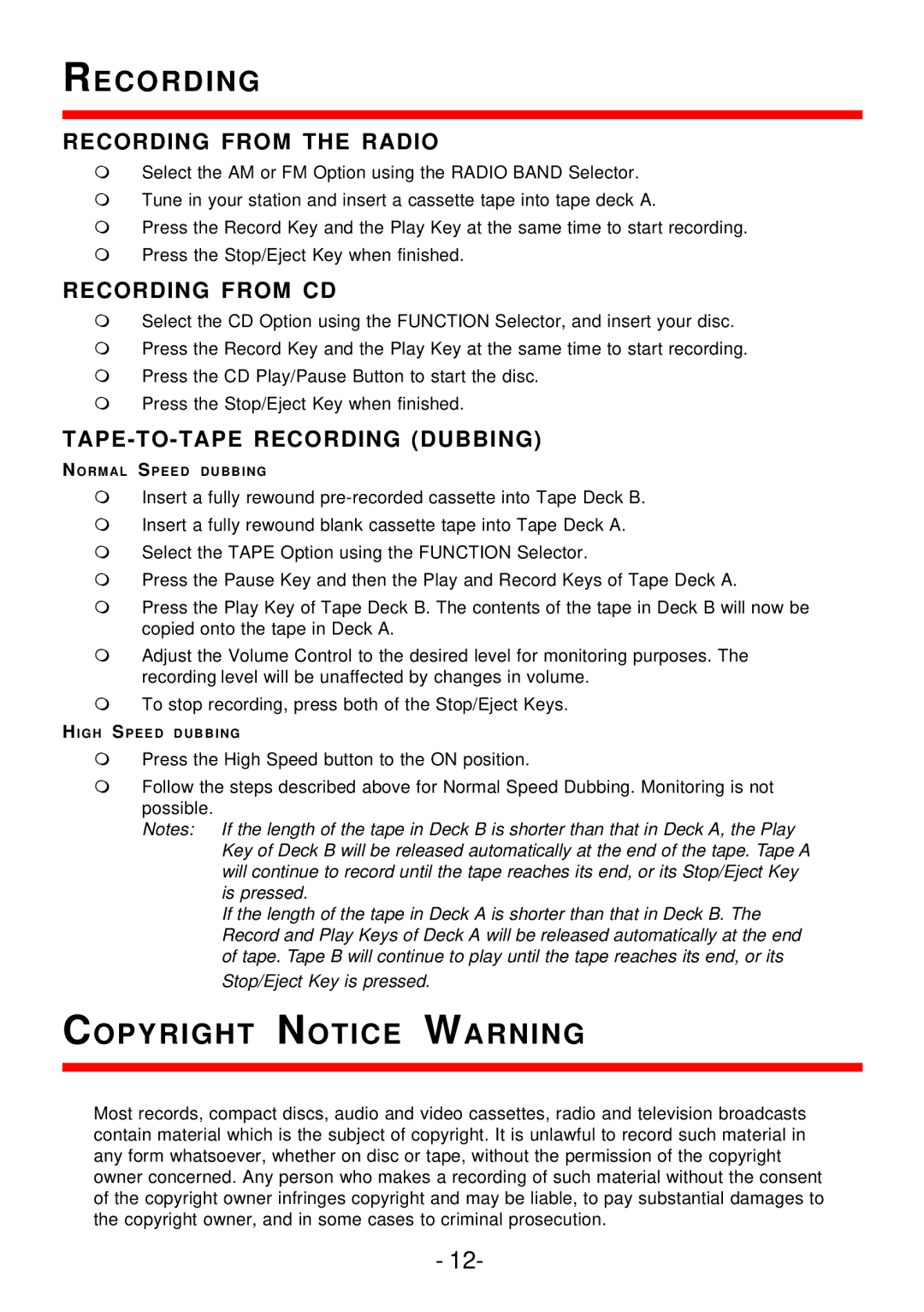 Curtis pmn Copyright Notice Warning, Recording from the Radio, Recording from CD, TAPE-TO-TAPE Recording Dubbing 