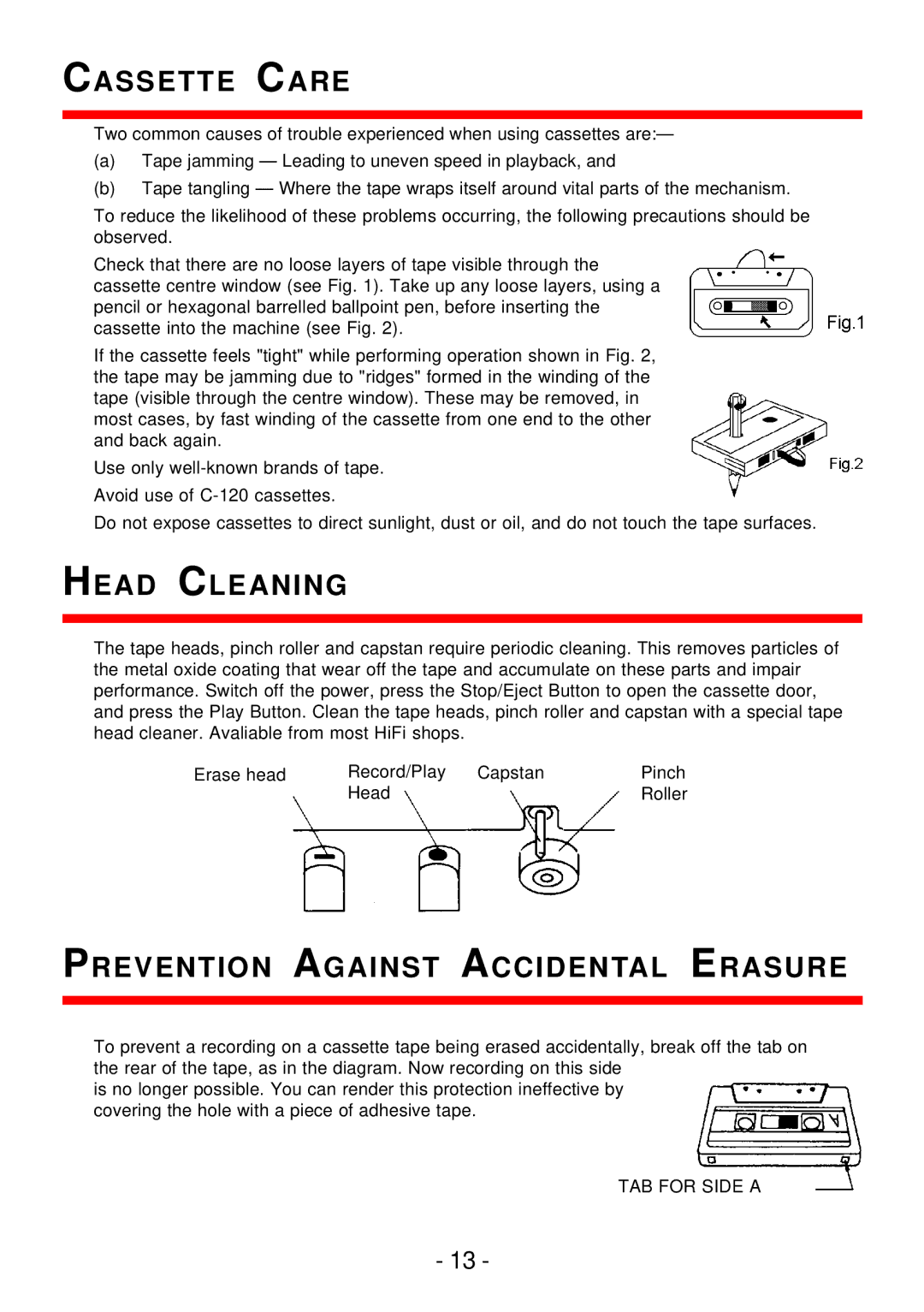 Curtis pmn instruction manual Cassette Care, Head Cleaning, Prevention Against Accidental Erasure 