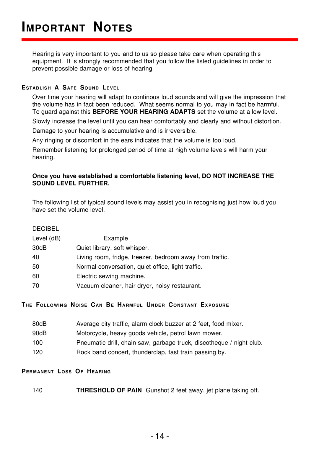 Curtis pmn instruction manual Important Notes, Decibel 