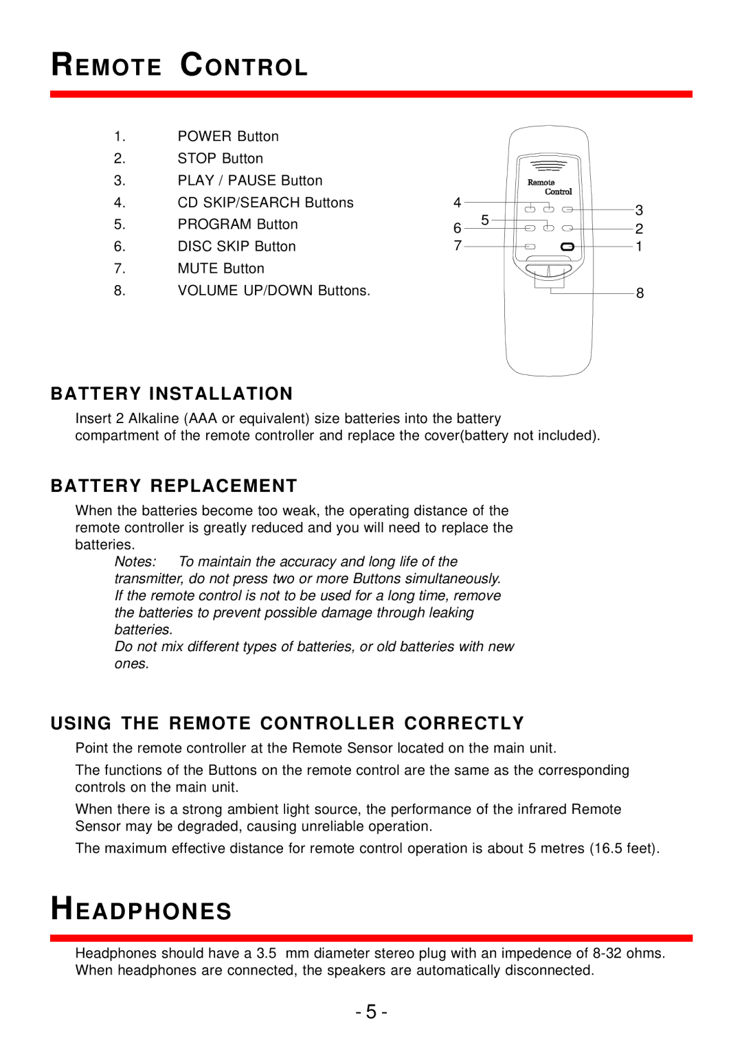 Curtis pmn Headphones, Battery Installation, Battery Replacement, Using the Remote Controller Correctly 