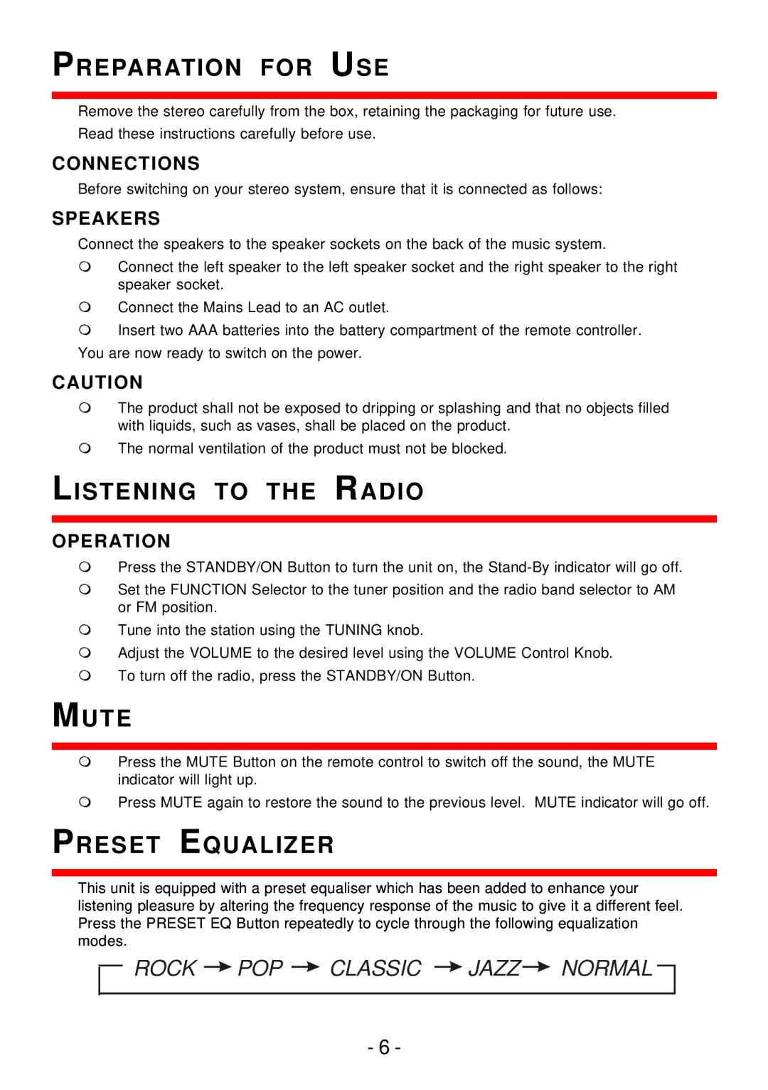 Curtis pmn instruction manual Preparation for USE, Listening to the Radio, Mute, Preset Equalizer 