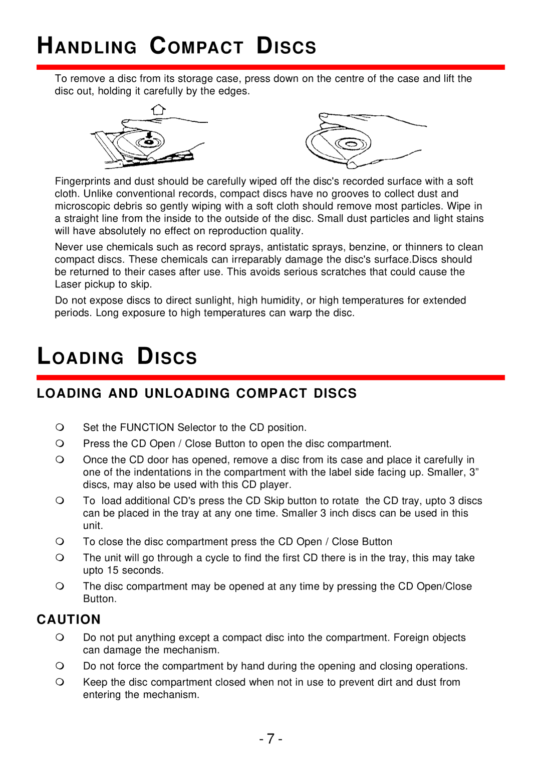 Curtis pmn instruction manual Handling Compact Discs, Loading Discs, Loading and Unloading Compact Discs 