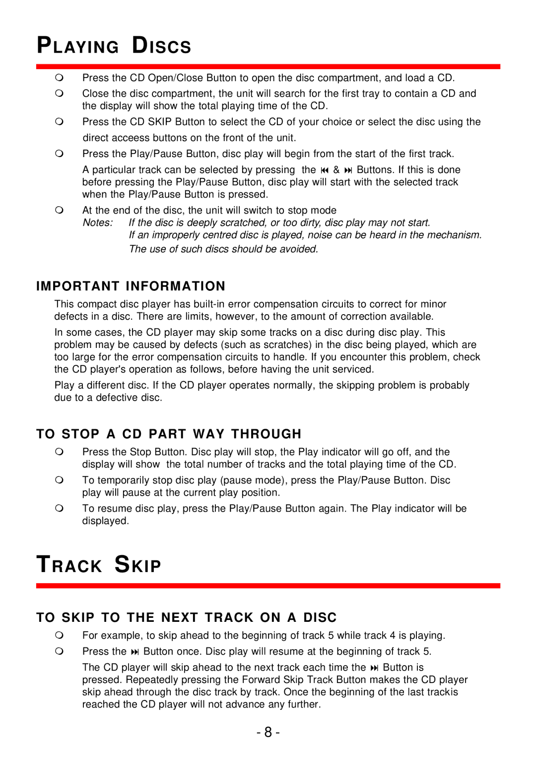 Curtis pmn instruction manual Playing Discs, Track Skip, Important Information, To Stop a CD Part WAY Through 