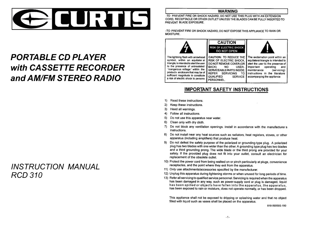 Curtis RCD 310 instruction manual Portable CD Player 