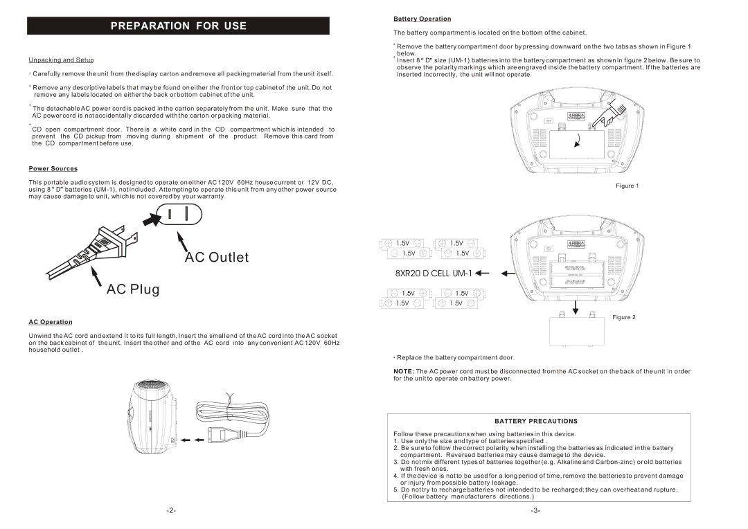 Curtis RCD 310 instruction manual Preparation for USE, Power Sources, Battery Operation, AC Operation, Battery Precautions 