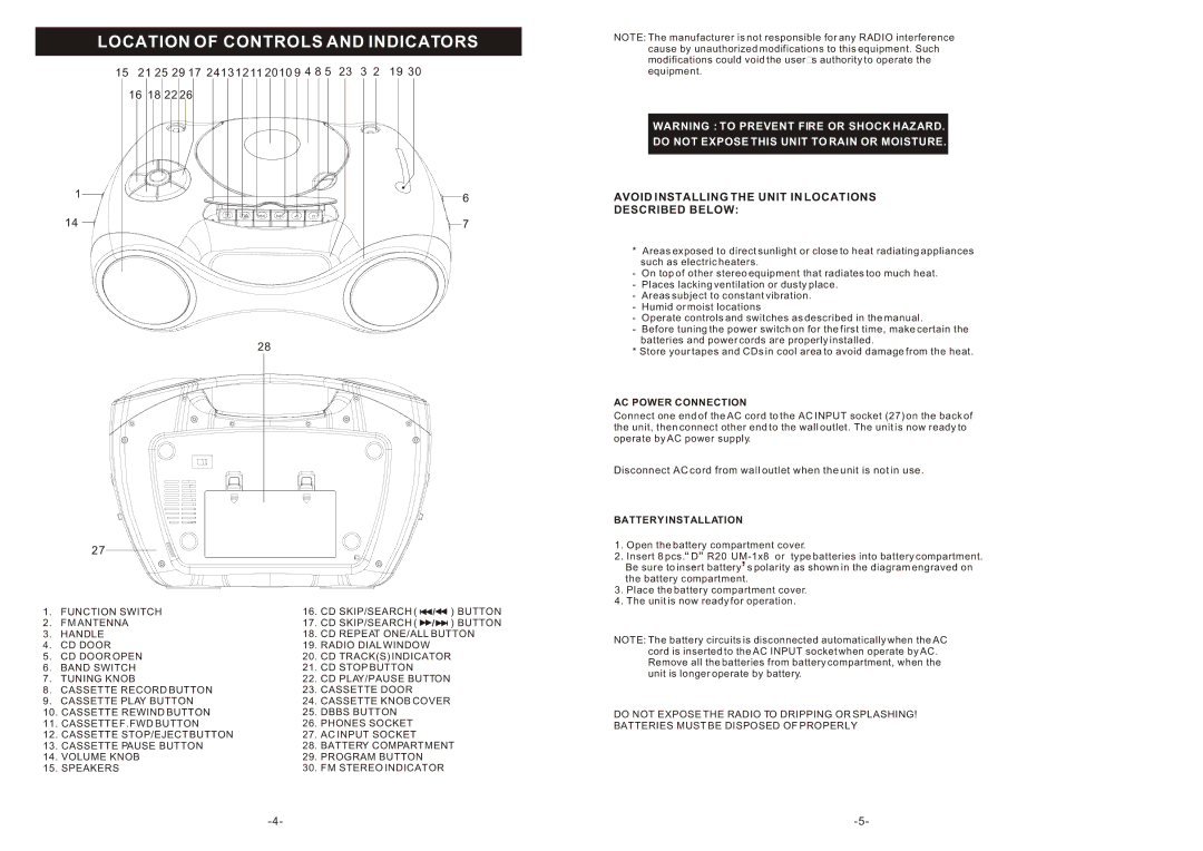 Curtis RCD 310 instruction manual Location of Controls and Indicators, AC Power Connection, Battery Installation 