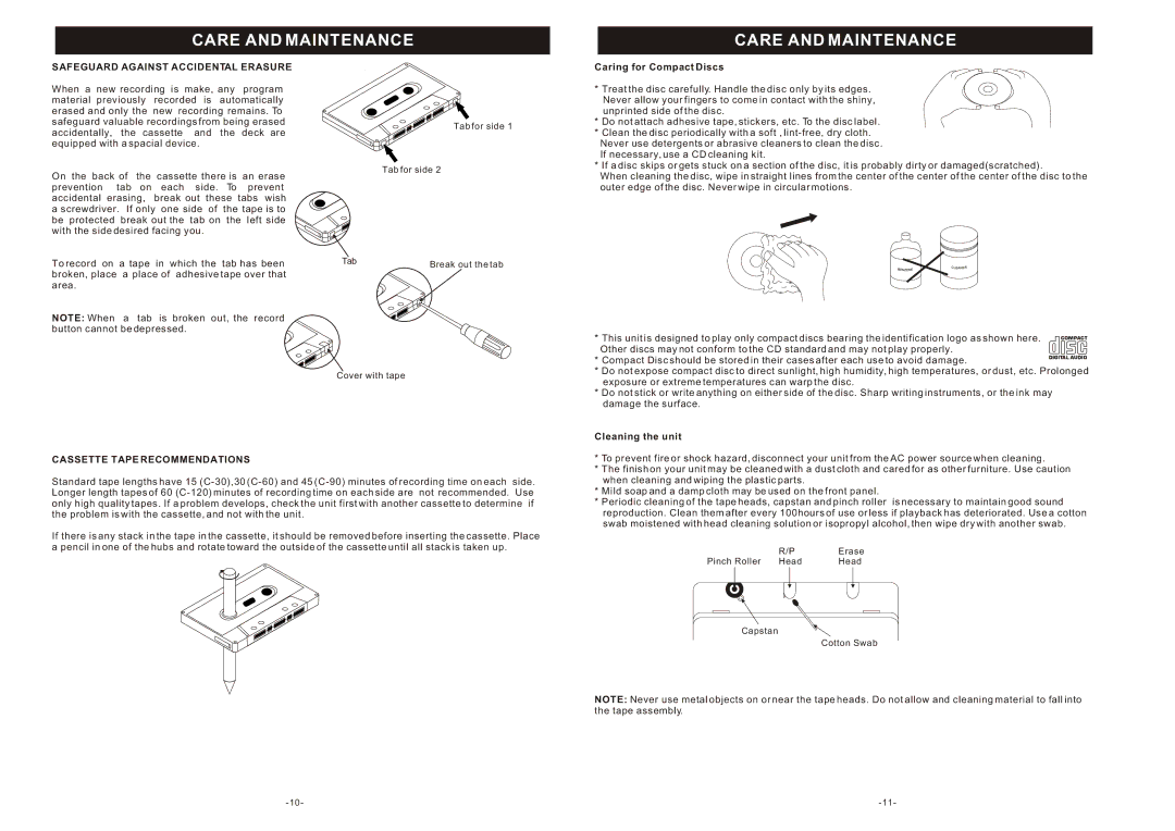 Curtis RCD 310 Care and Maintenance, Safeguard Against Accidental Erasure, Caring for Compact Discs, Cleaning the unit 