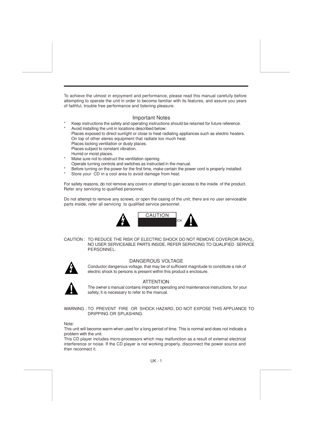 Curtis RCD-637 instruction manual Important Notes 