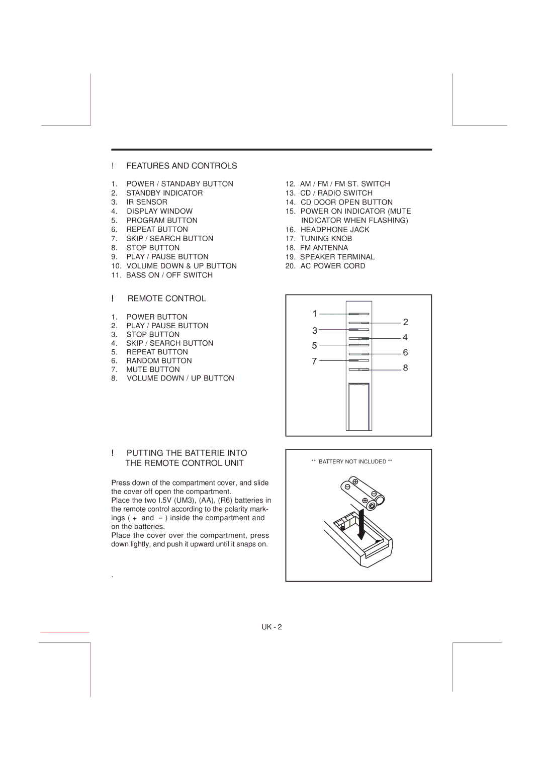 Curtis RCD-637 instruction manual Features and Controls, Putting the Batterie Into the Remote Control Unit 