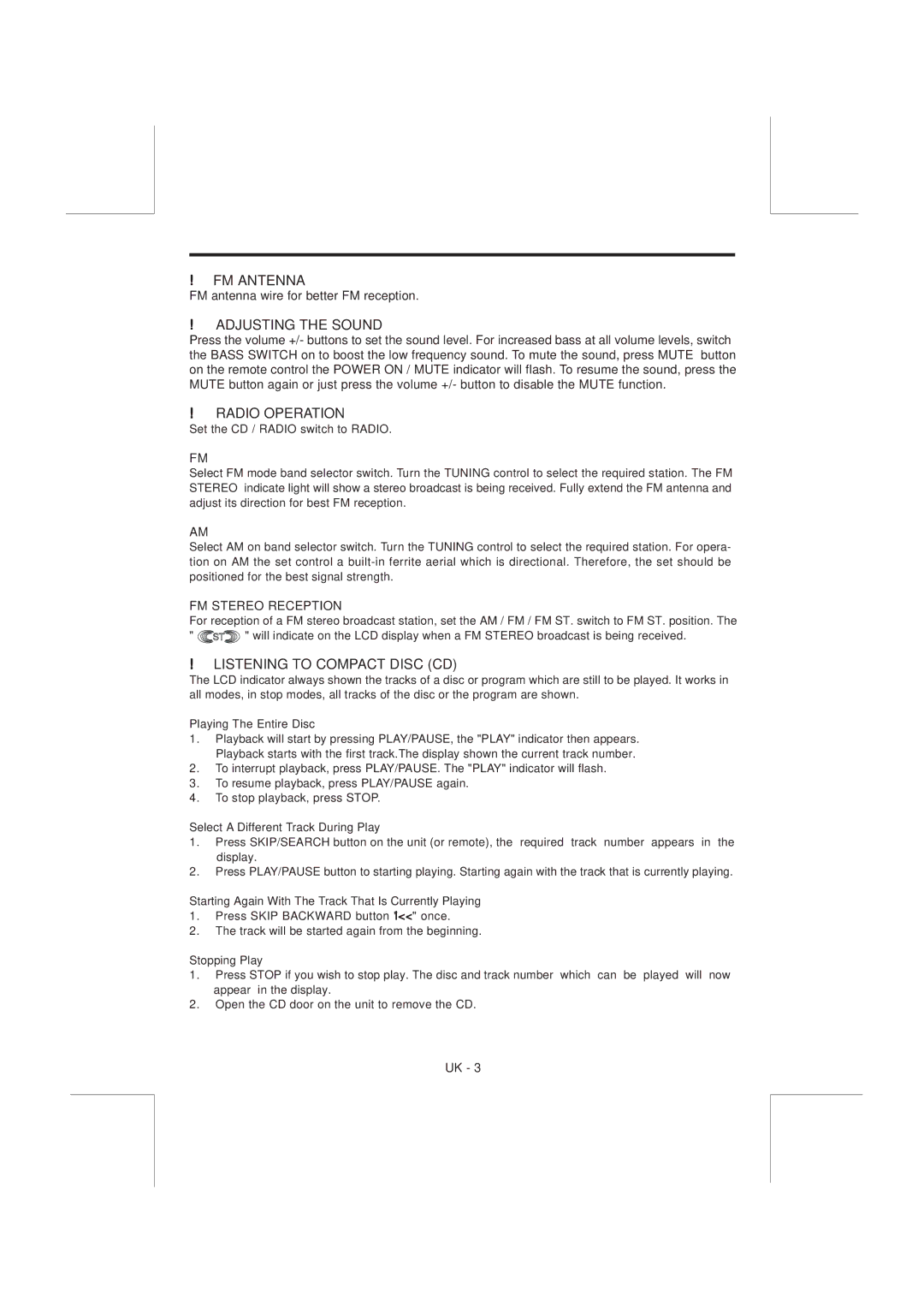 Curtis RCD-637 instruction manual FM Antenna, Adjusting the Sound, Radio Operation, Listening to Compact Disc CD 