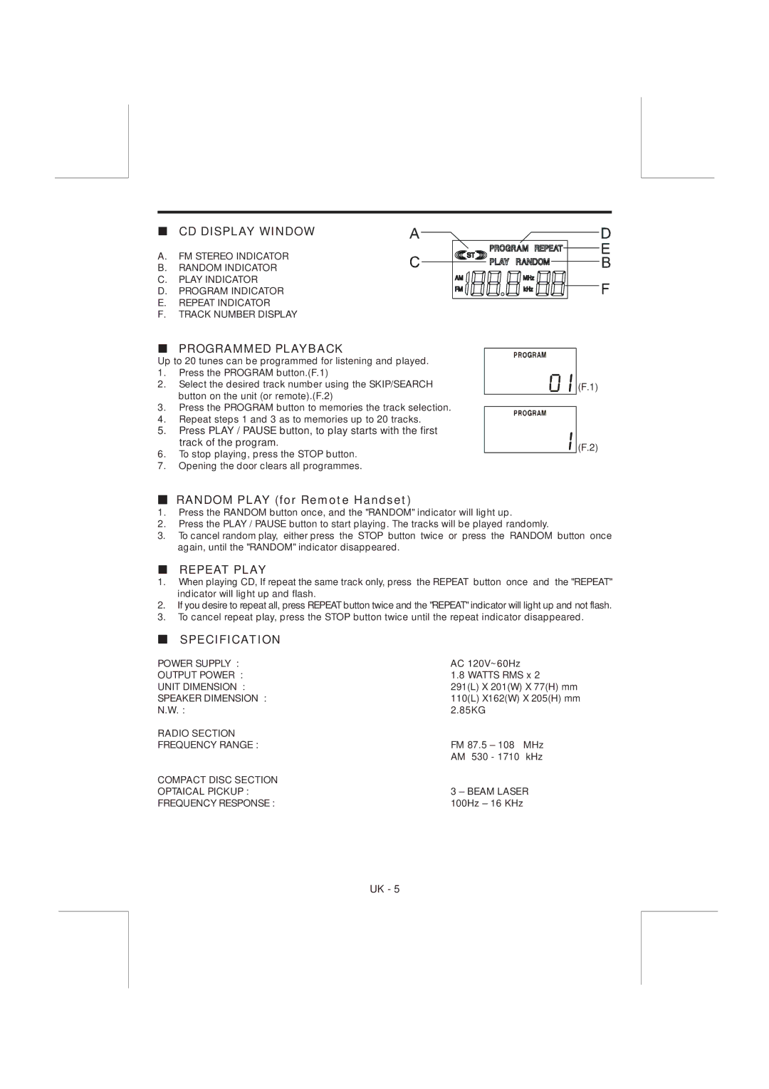 Curtis RCD-637 instruction manual CD Display Window, Programmed Playback, Repeat Play, Specification 