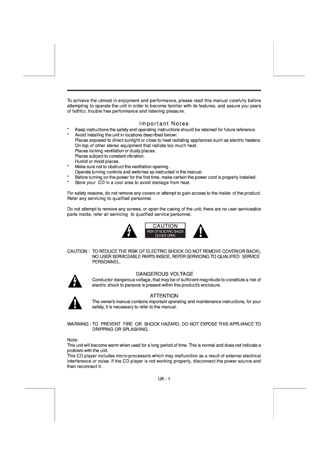 Curtis RCD-637 instruction manual Dangerous Voltage, Important Notes 