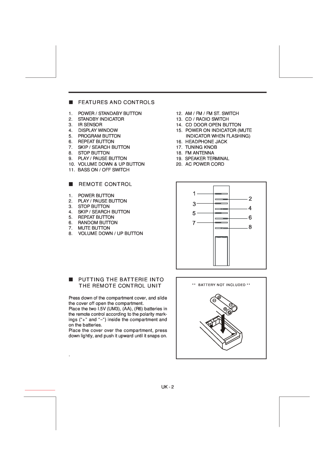 Curtis RCD-637 instruction manual Features And Controls, Putting The Batterie Into The Remote Control Unit 