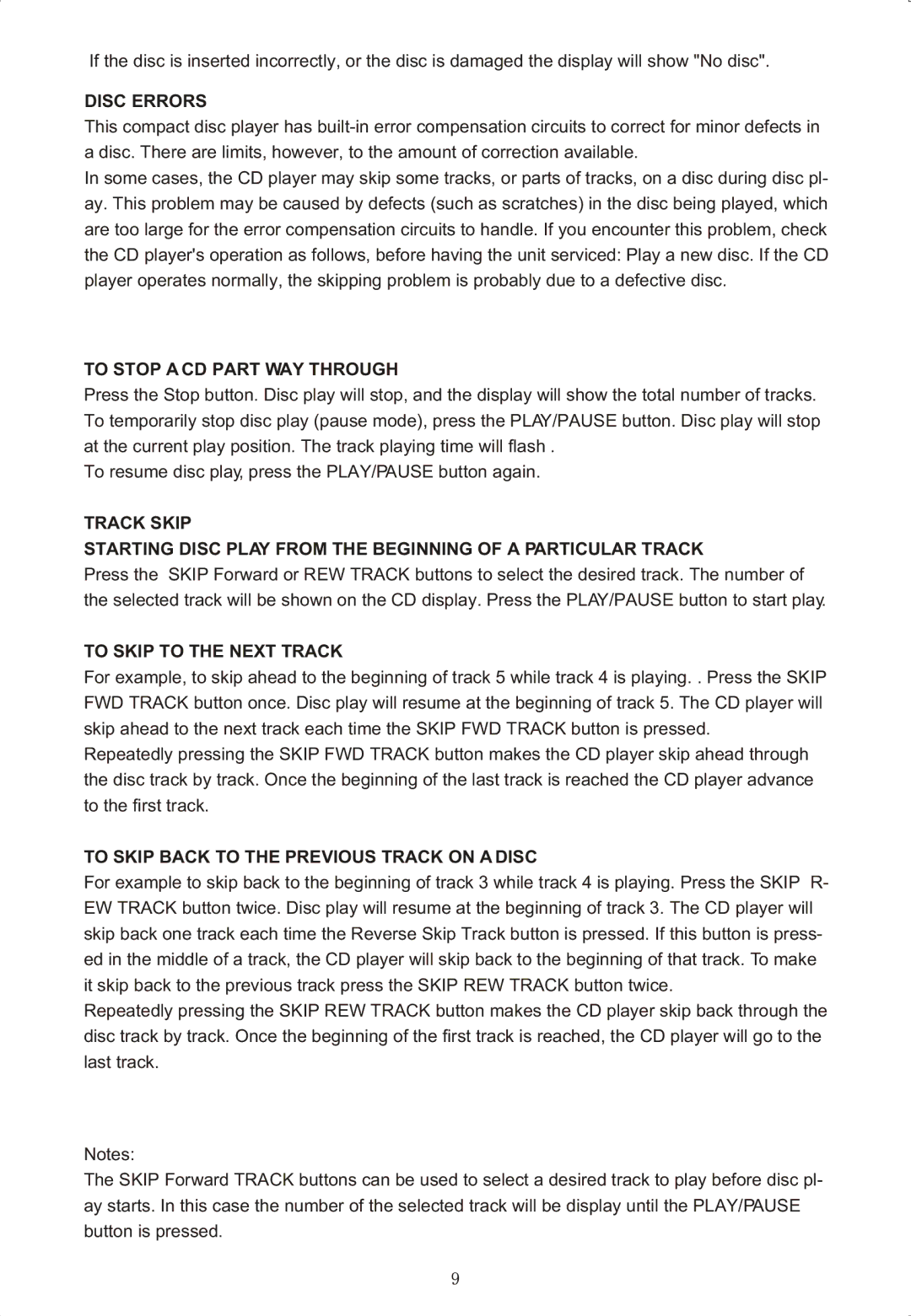 Curtis RCD-718 instruction manual Disc Errors, To Stop a CD Part WAY Through, To Skip to the Next Track 