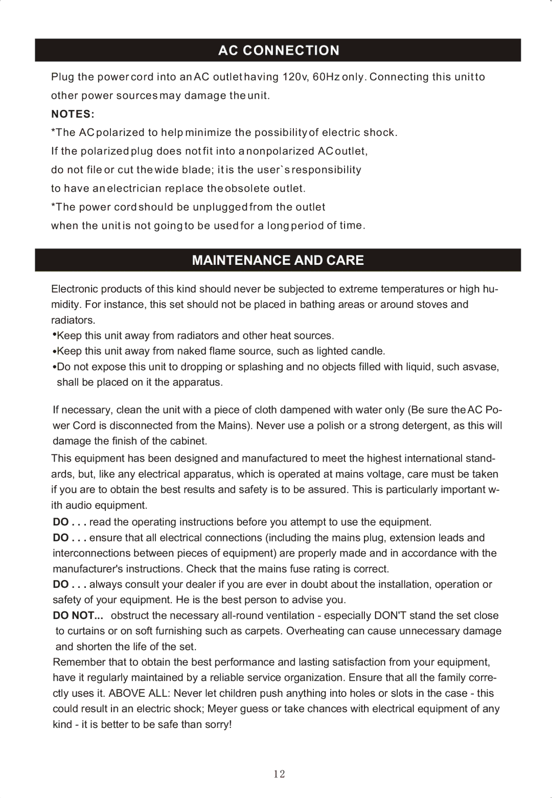 Curtis RCD-718 instruction manual AC Connection, Maintenance and Care 