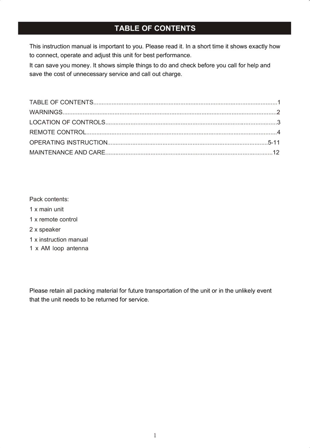 Curtis RCD-718 instruction manual Table of Contents 