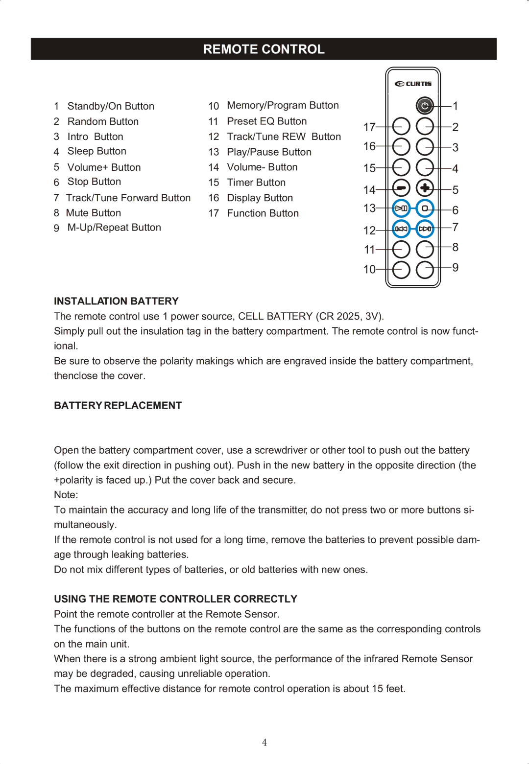 Curtis RCD-718 instruction manual Installation Battery, Battery Replacement, Using the Remote Controller Correctly 