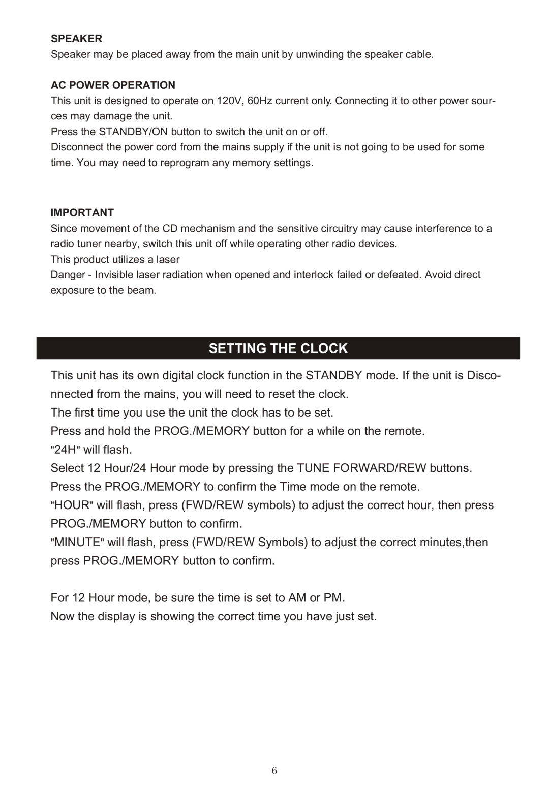 Curtis RCD-718 instruction manual Setting the Clock, Speaker, AC Power Operation 