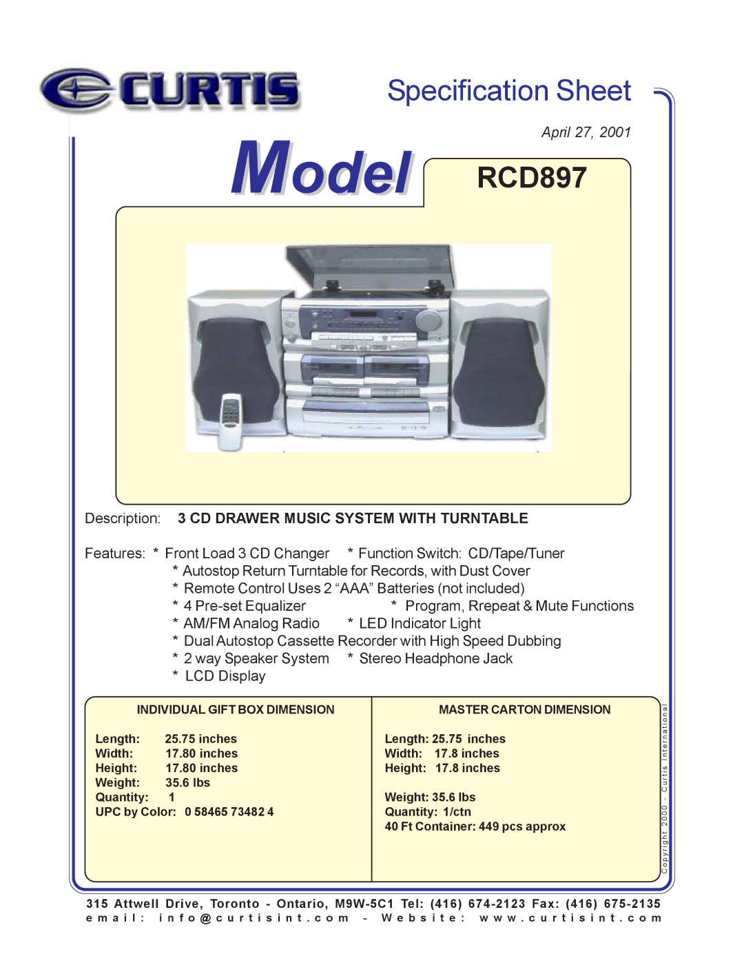 Curtis RCD 897 specifications Model RCD897, Description 3 CD Drawer Music System with Turntable, Master Carton Dimension 