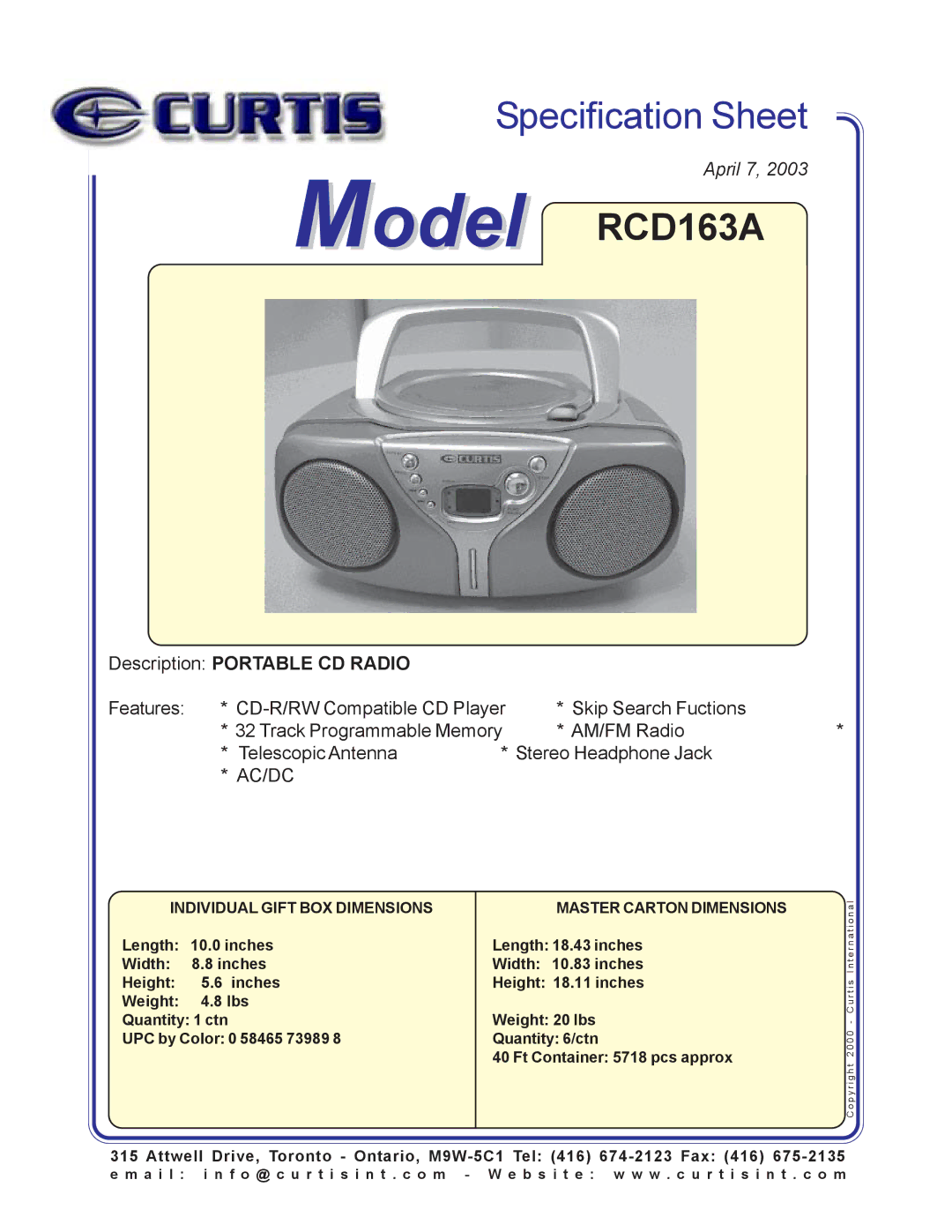 Curtis specifications Model RCD163A, Description Portable CD Radio, Ac/Dc, Individual Gift BOX Dimensions 