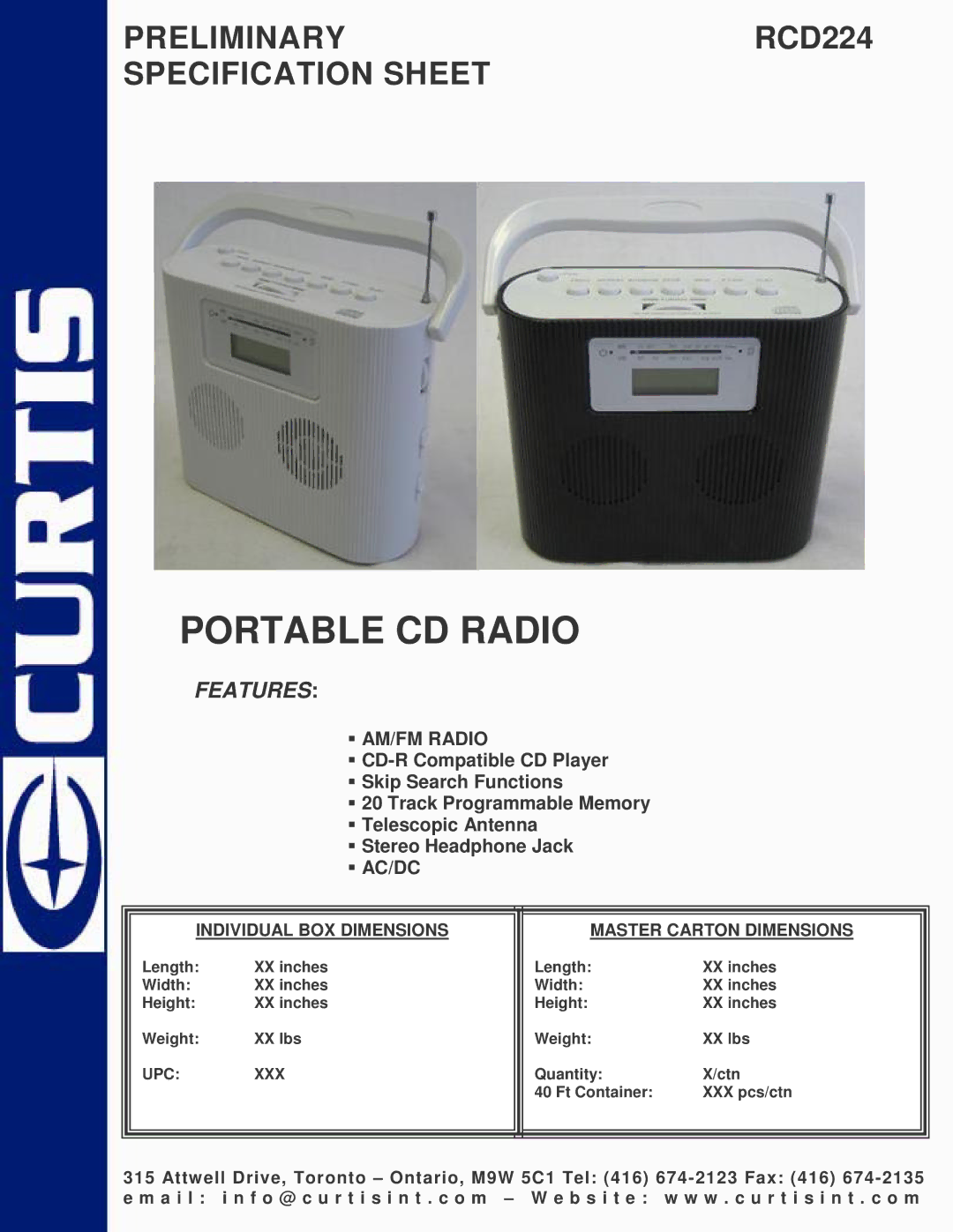 Curtis RCD224 specifications Portable CD Radio, Features, AM/FM Radio, Ac/Dc 