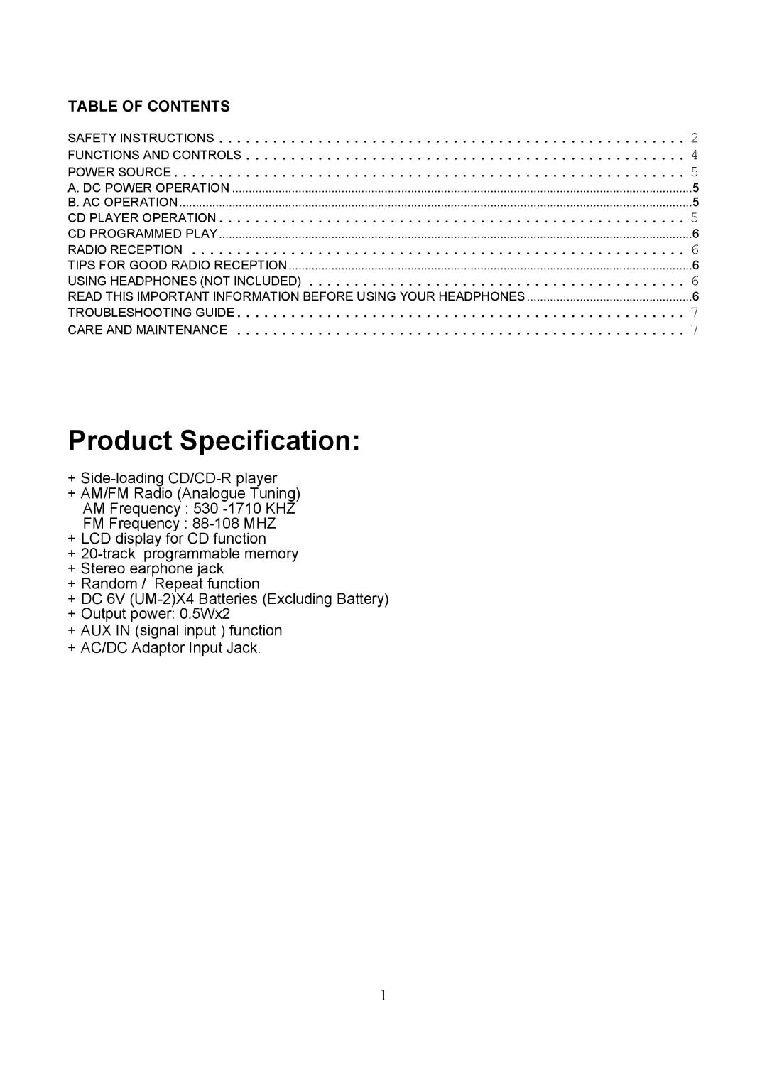 Curtis RCD224UK operating instructions Table Of Contents, Product Specification 
