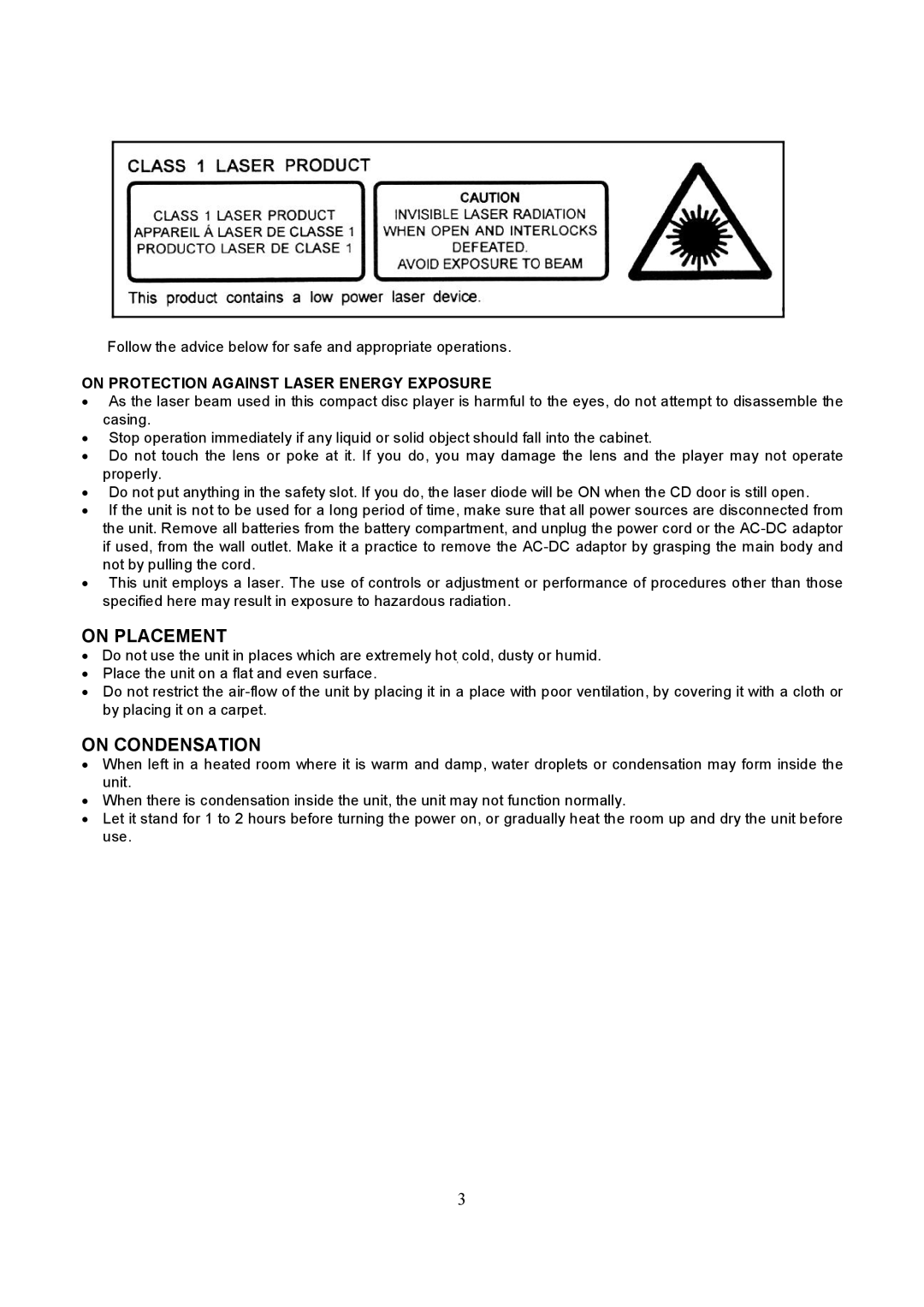 Curtis RCD224UK operating instructions On Placement, On Condensation, On Protection Against Laser Energy Exposure 