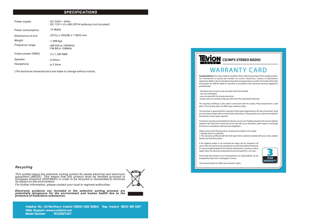 Curtis RCD237UKT manual 