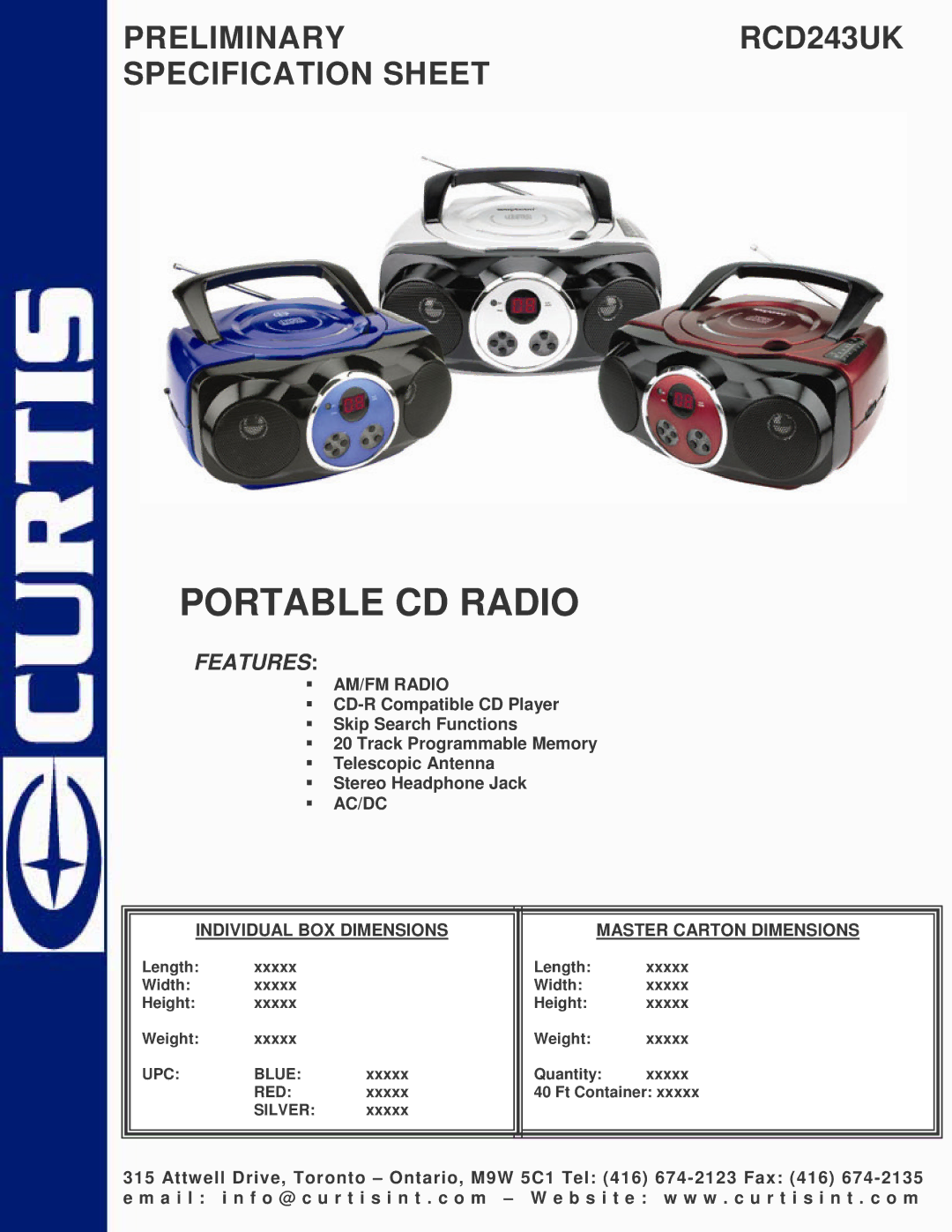 Curtis RCD243UK specifications Portable CD Radio, Features, AM/FM Radio 