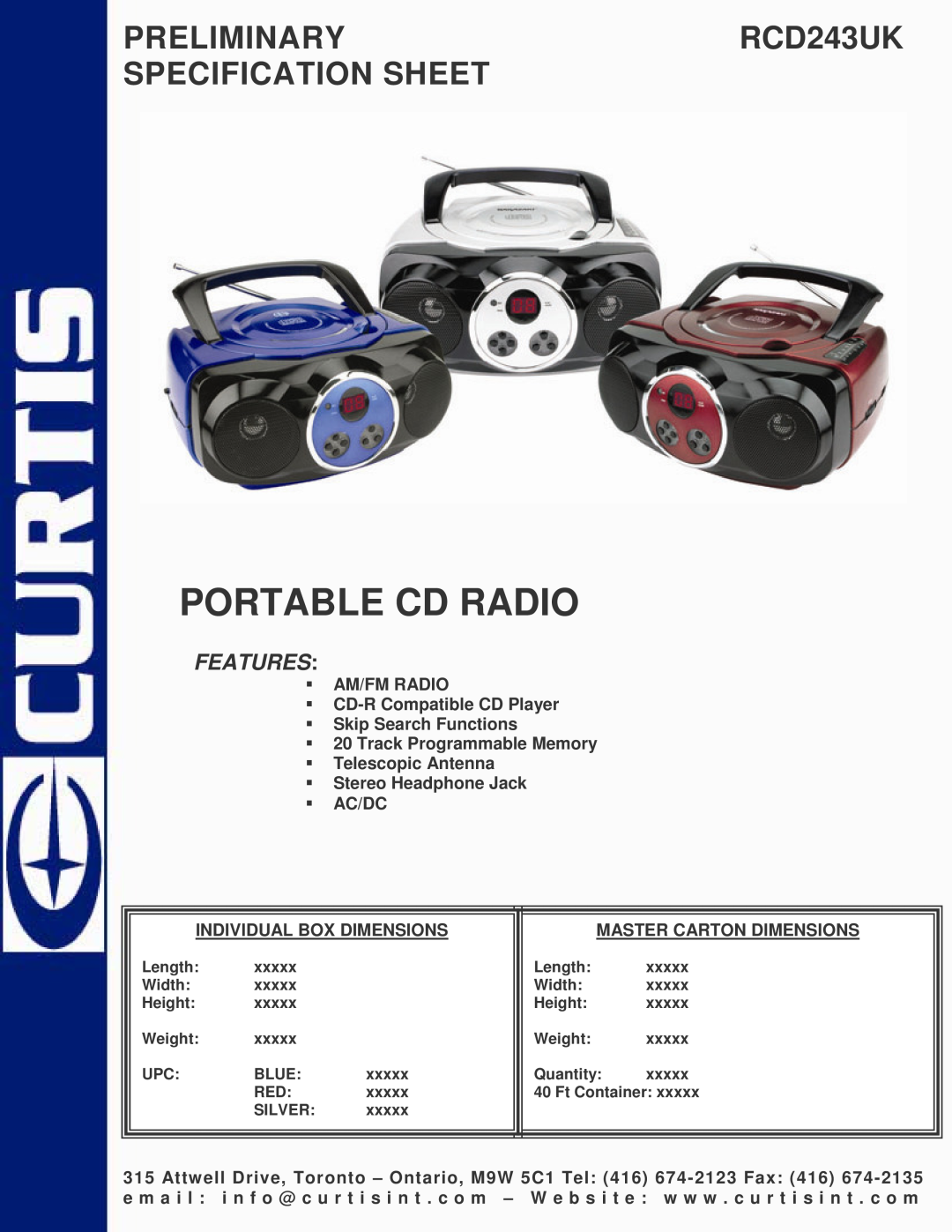 Curtis specifications Portable Cd Radio, PRELIMINARYRCD243UK SPECIFICATION SHEET, Features 