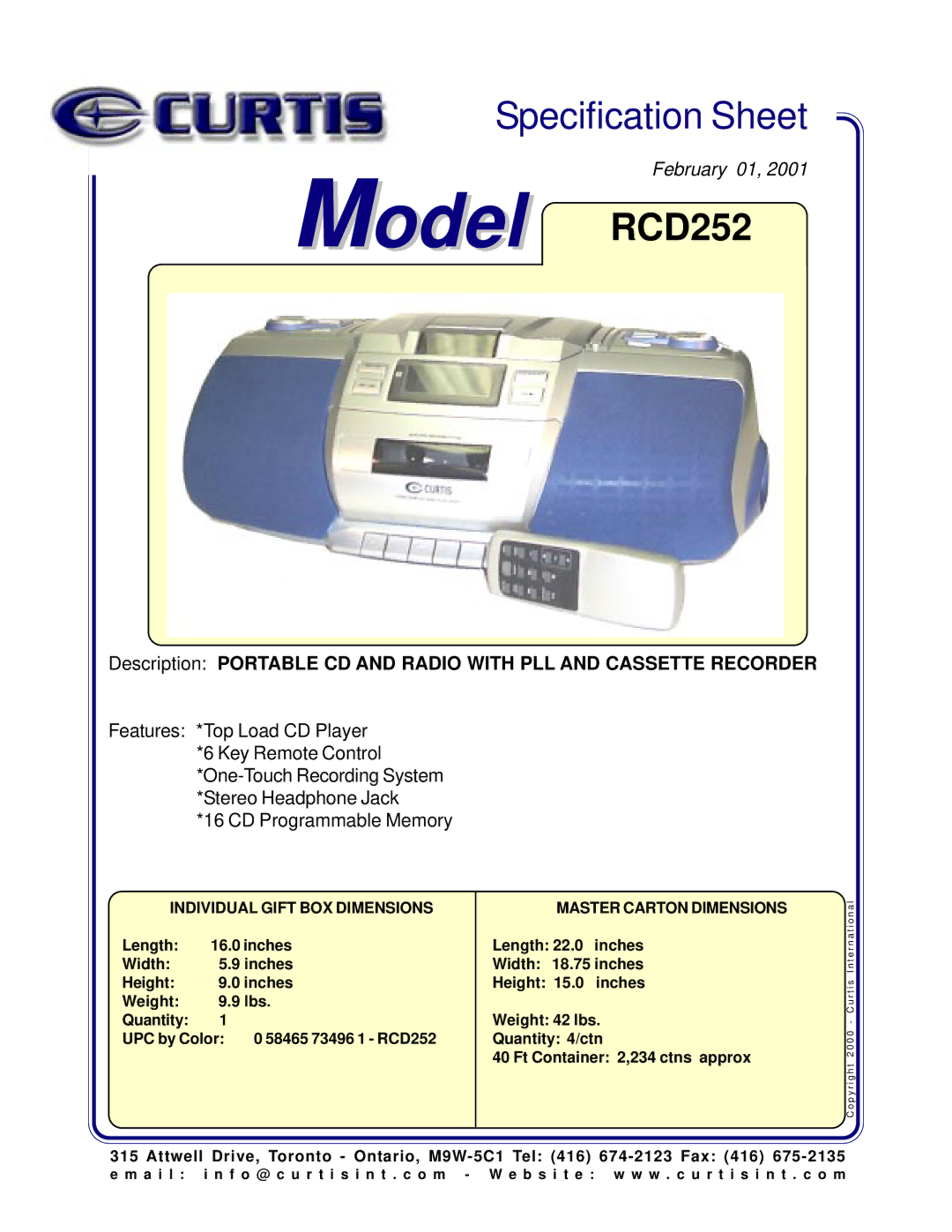 Curtis specifications Model RCD252, Individual Gift BOX Dimensions, Master Carton Dimensions 