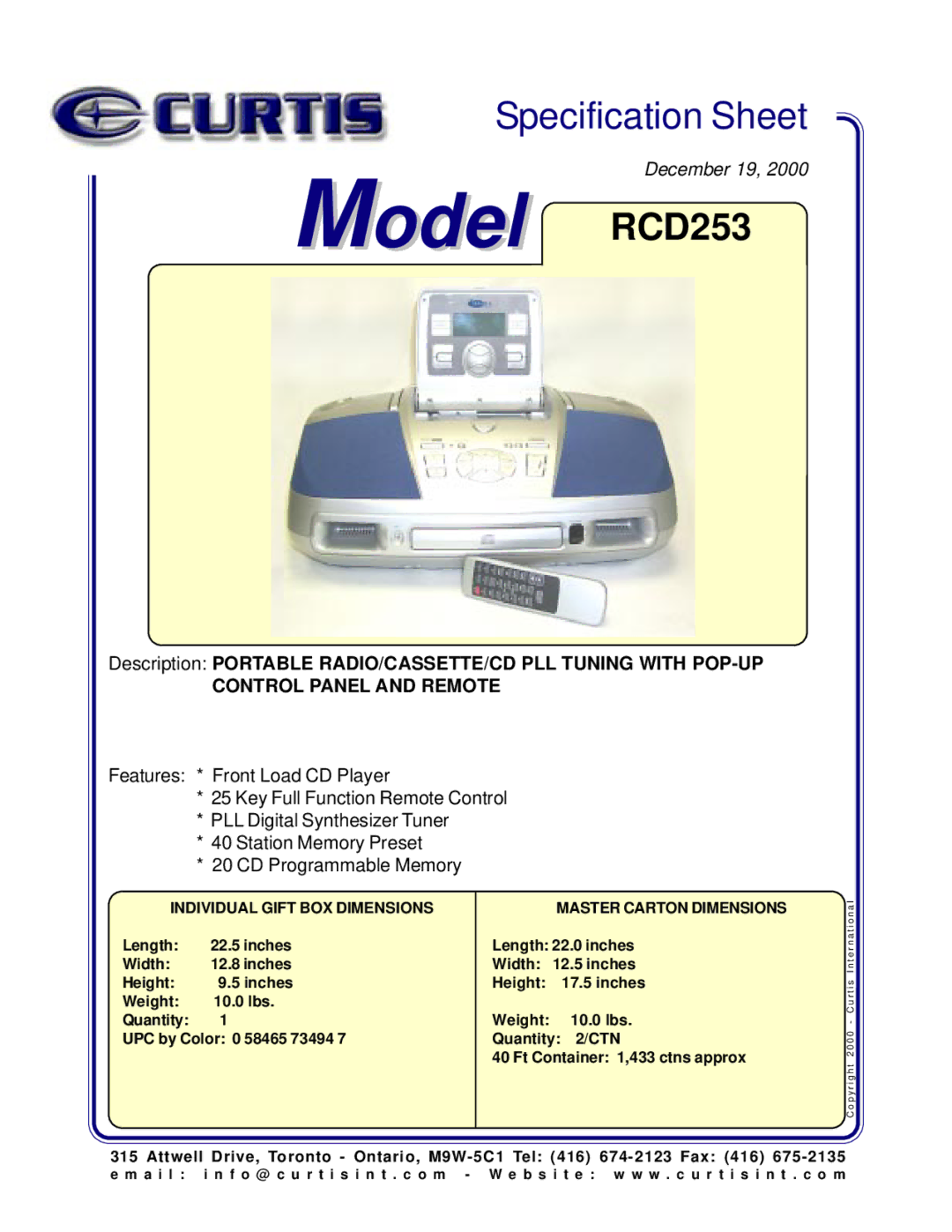 Curtis specifications Model RCD253, Control Panel and Remote, Individual Gift BOX Dimensions, Master Carton Dimensions 