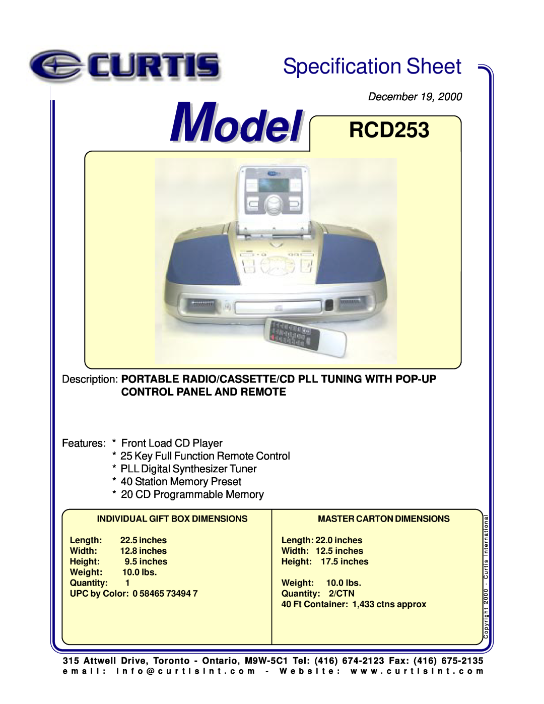 Curtis specifications Specification Sheet, Model RCD253, December 19, Place Image Here, Control Panel And Remote 