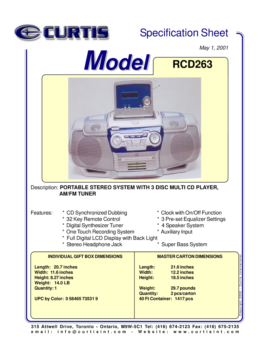 Curtis specifications Model RCD263, AM/FM Tuner, Individual Gift BOX Dimensions, Master Carton Dimensions 