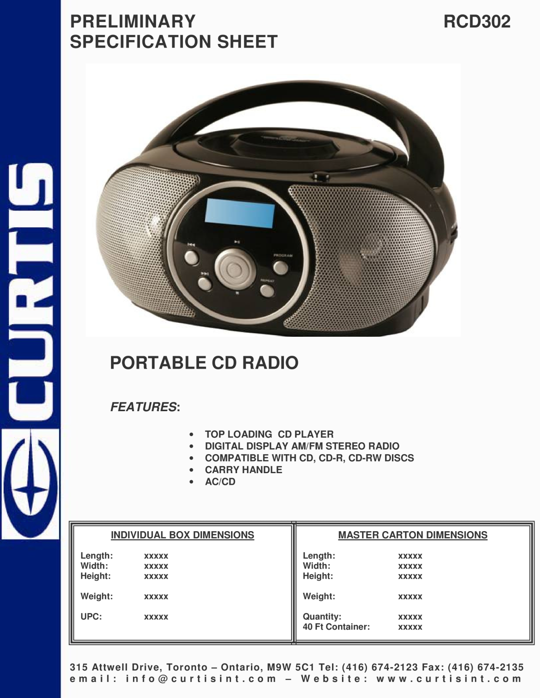Curtis specifications PRELIMINARYRCD302 SPECIFICATION SHEET, Portable Cd Radio, Features 