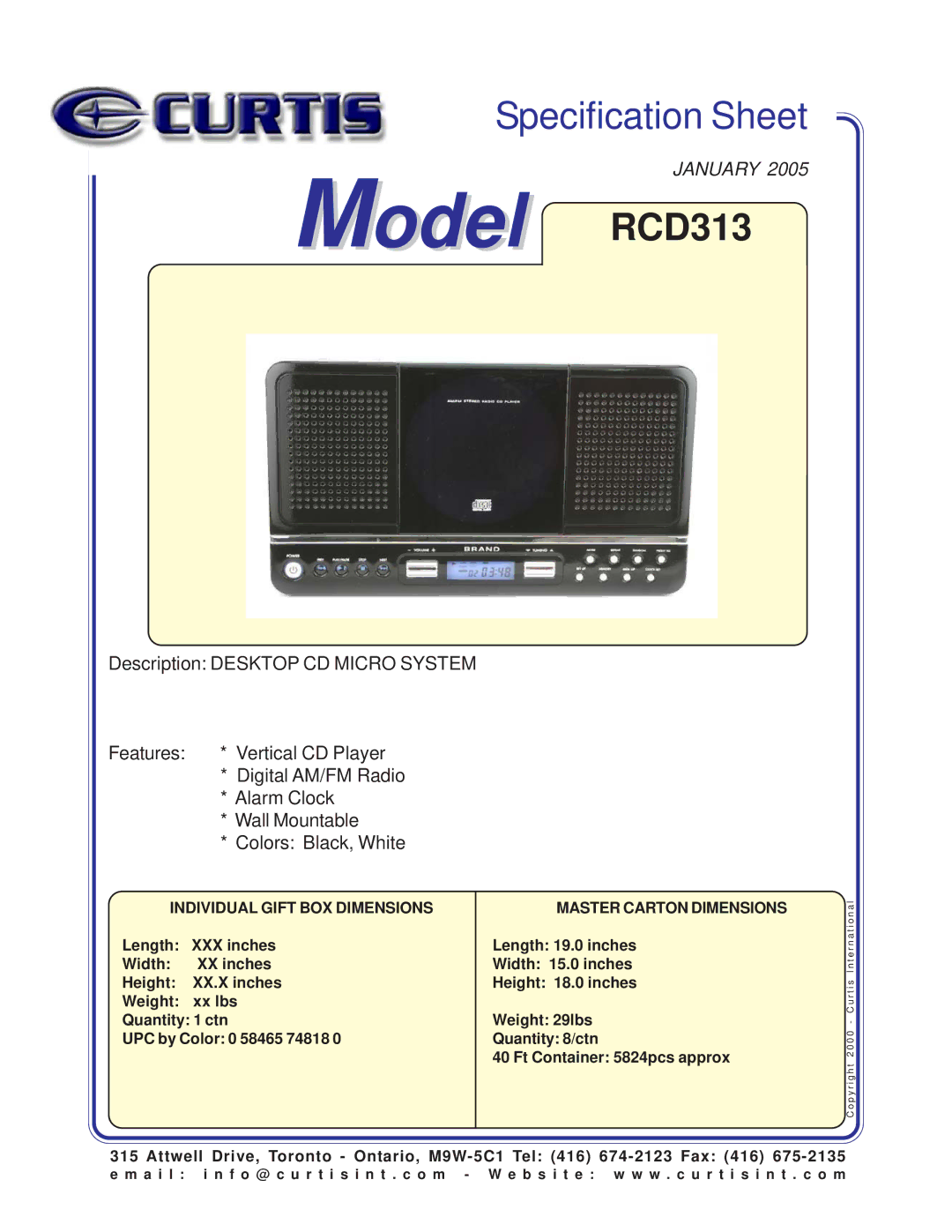 Curtis specifications Model RCD313, Place Image Here, Individual Gift BOX Dimensions, Master Carton Dimensions 