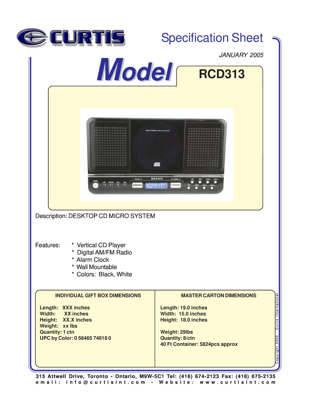 Curtis specifications Specification Sheet, Model RCD313, January, Place Image Here, Description DESKTOP CD MICRO SYSTEM 