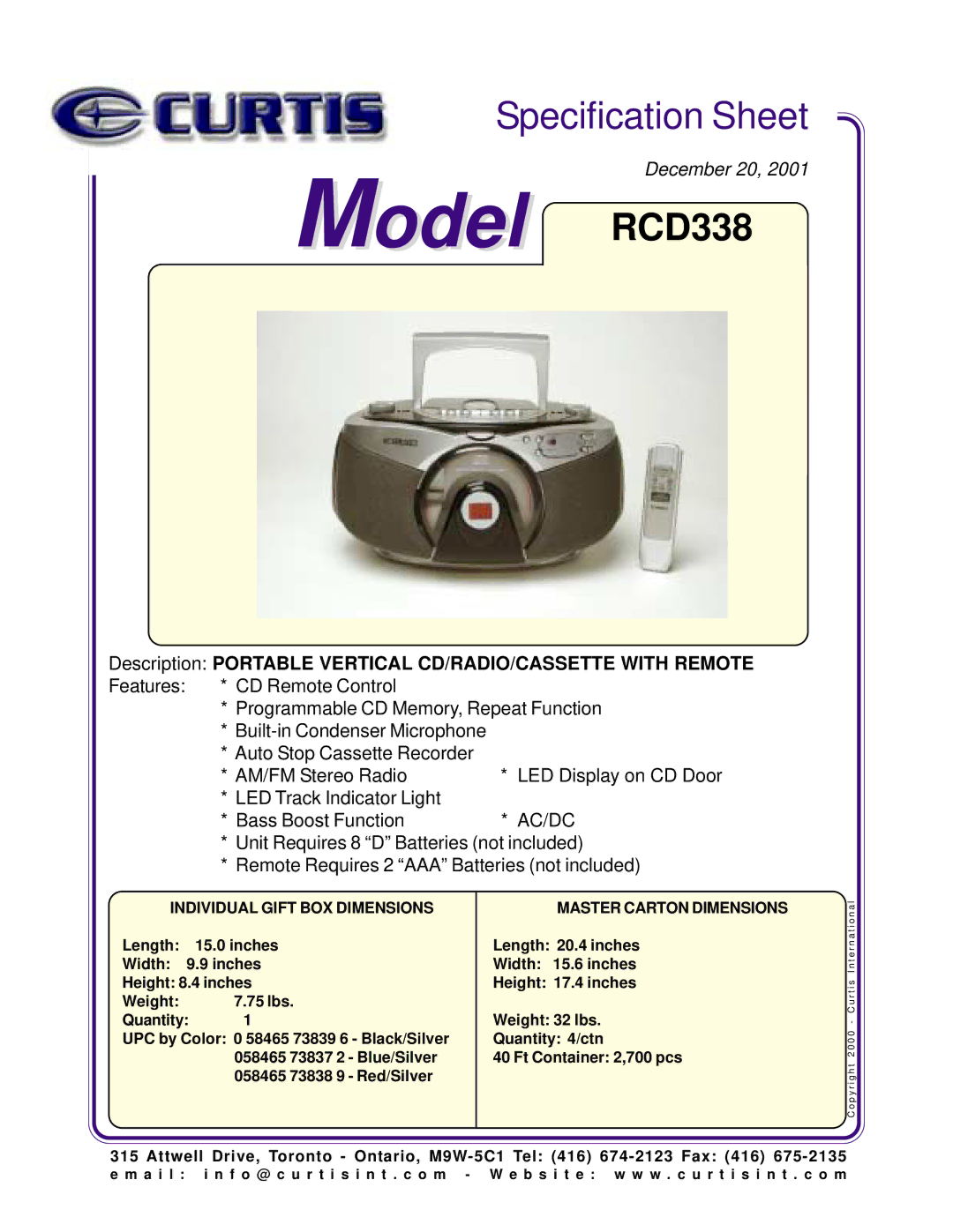 Curtis specifications Model RCD338, Description Portable Vertical CD/RADIO/CASSETTE with Remote, Ac/Dc 