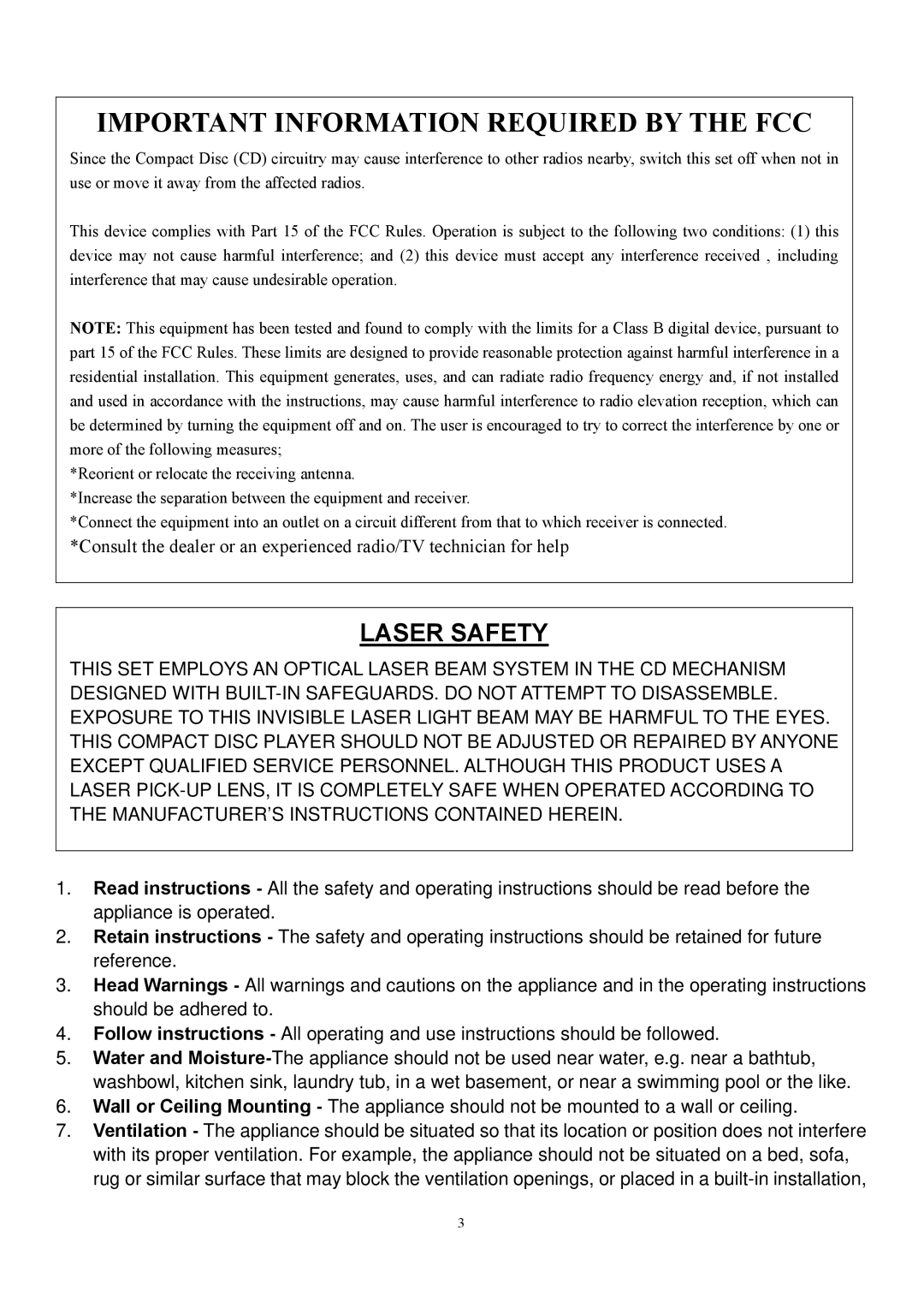 Curtis RCD544 instruction manual Important Information Required by the FCC 