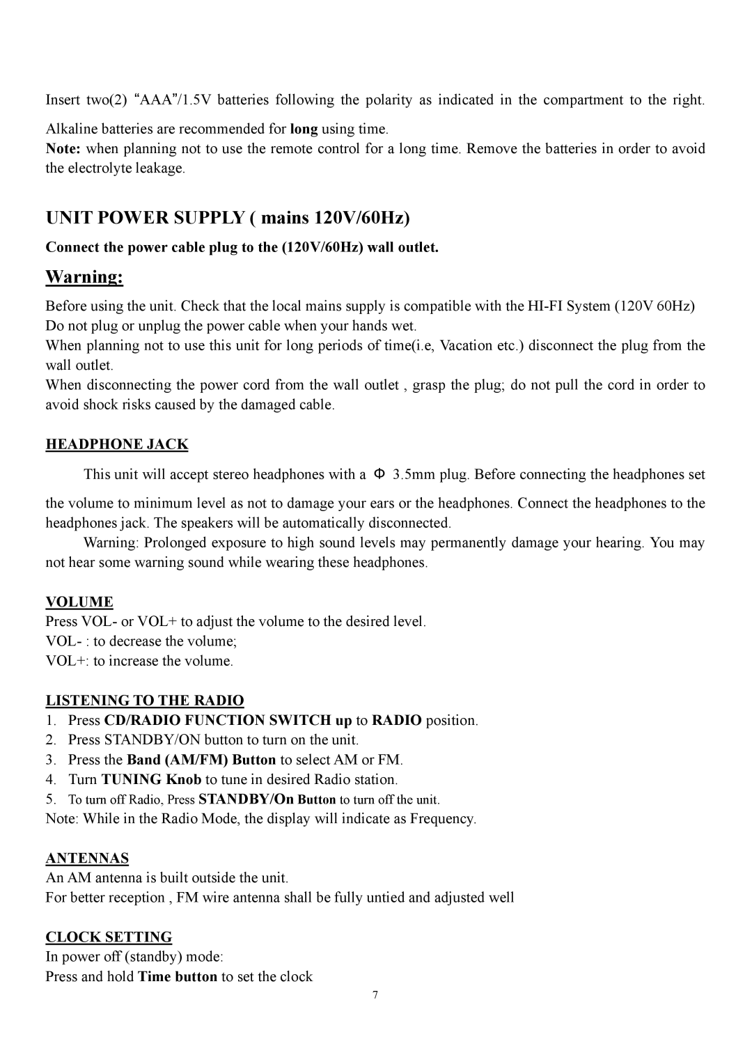 Curtis RCD544 instruction manual Headphone Jack, Volume, Listening to the Radio, Antennas, Clock Setting 