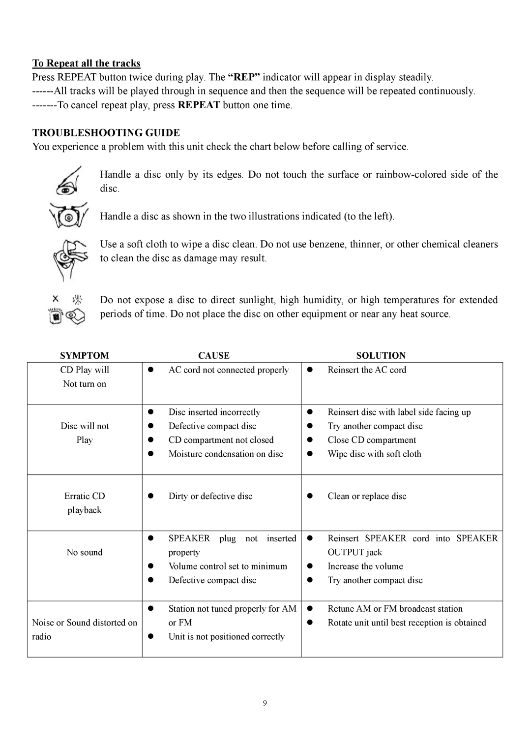 Curtis RCD544 instruction manual To Repeat all the tracks, Troubleshooting Guide 