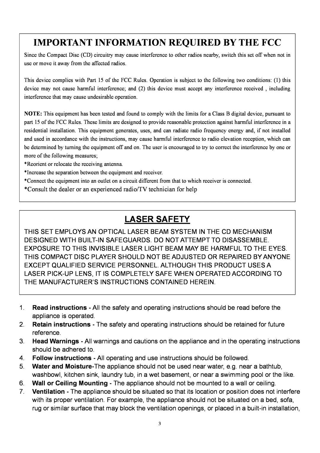 Curtis RCD544 instruction manual Important Information Required By The Fcc, Laser Safety 