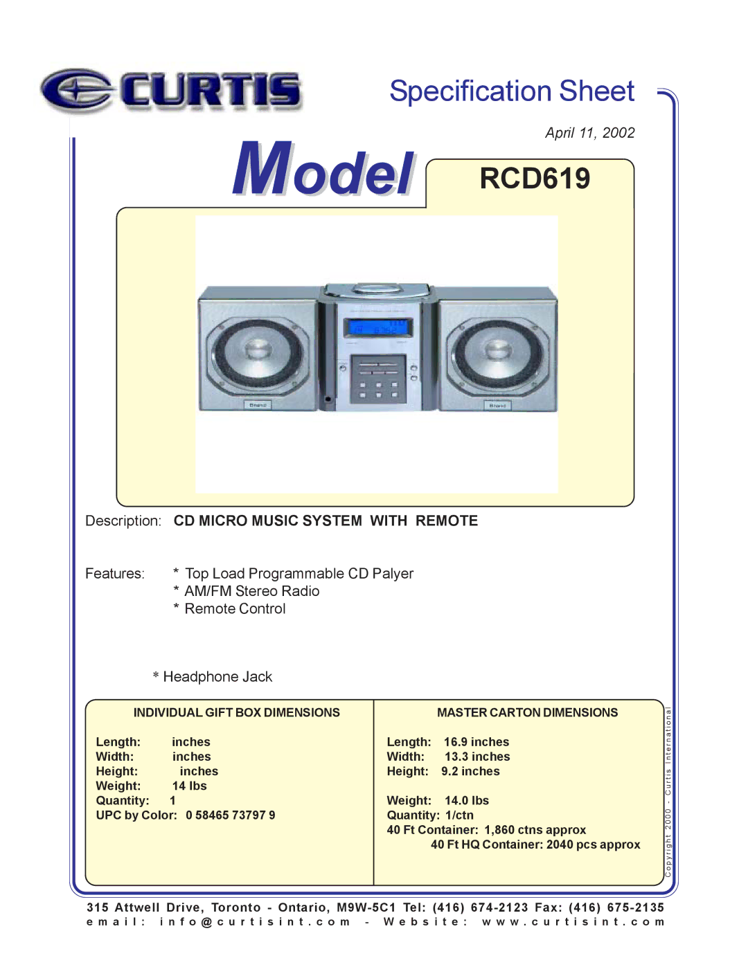 Curtis specifications Model RCD619, Description CD Micro Music System with Remote, Individual Gift BOX Dimensions 