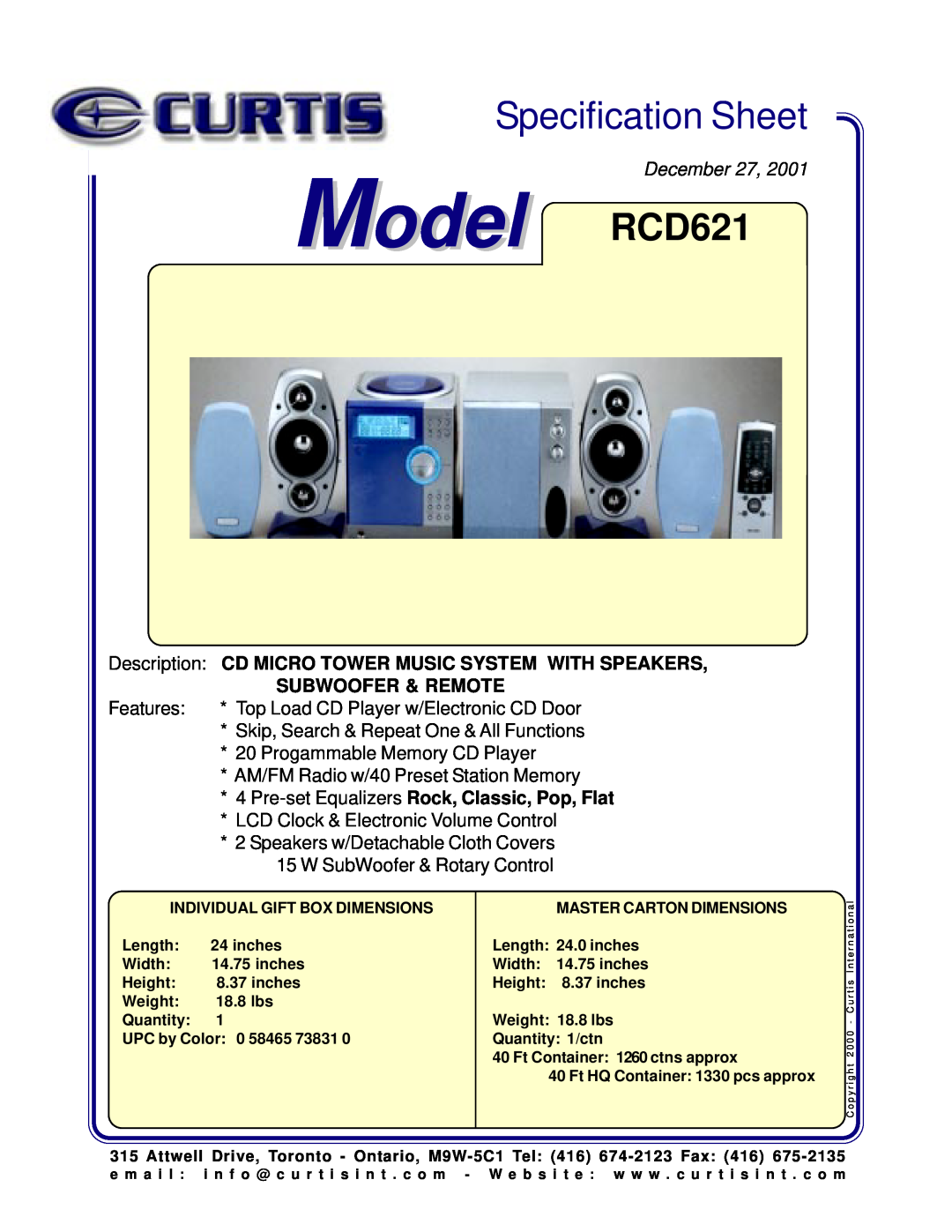 Curtis specifications Specification Sheet, Model RCD621, December, Place Image Here, Subwoofer & Remote 