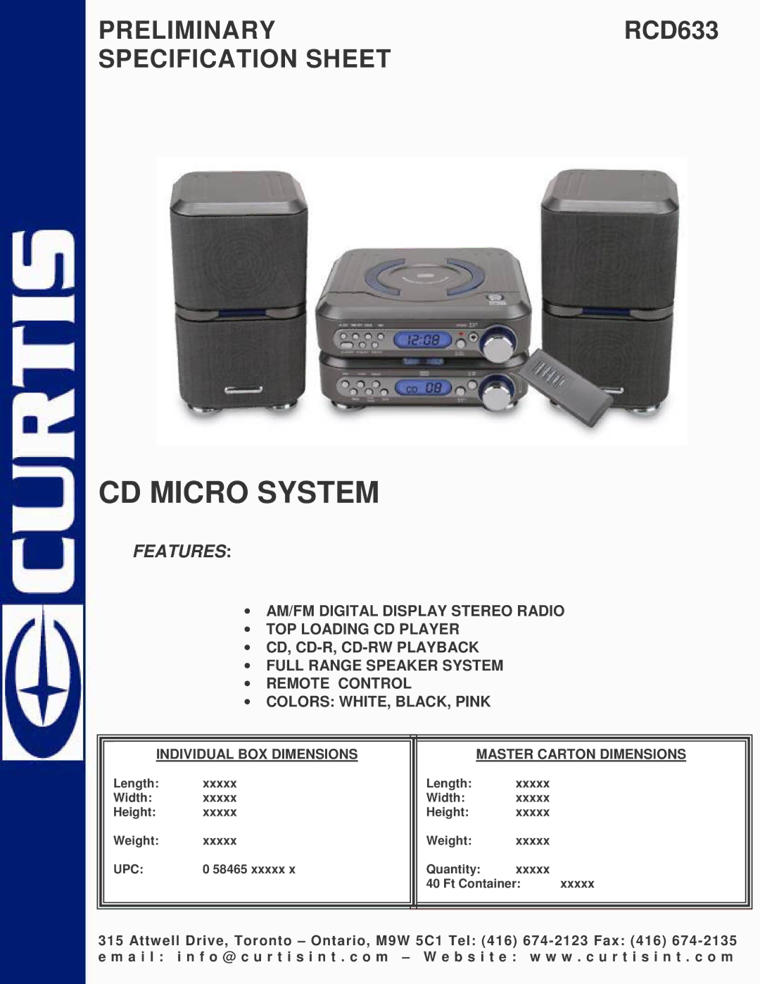 Curtis RCD633 specifications CD Micro System, Features, Individual BOX Dimensions Master Carton Dimensions 