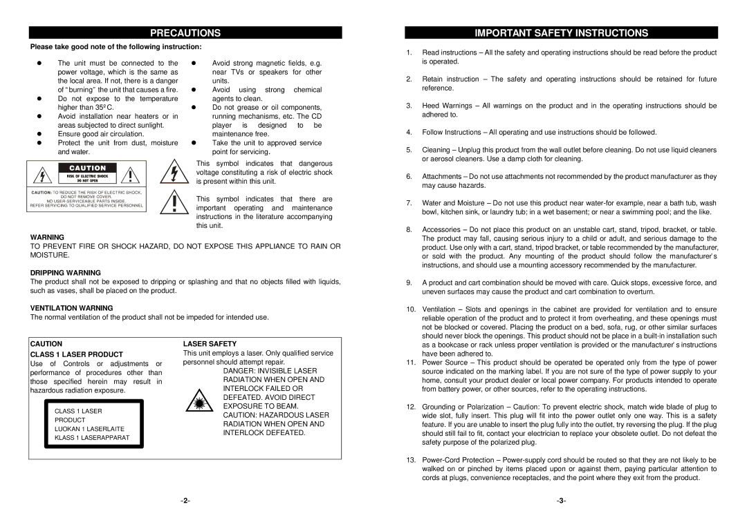 Curtis RCD641 owner manual Precautions, Important Safety Instructions 